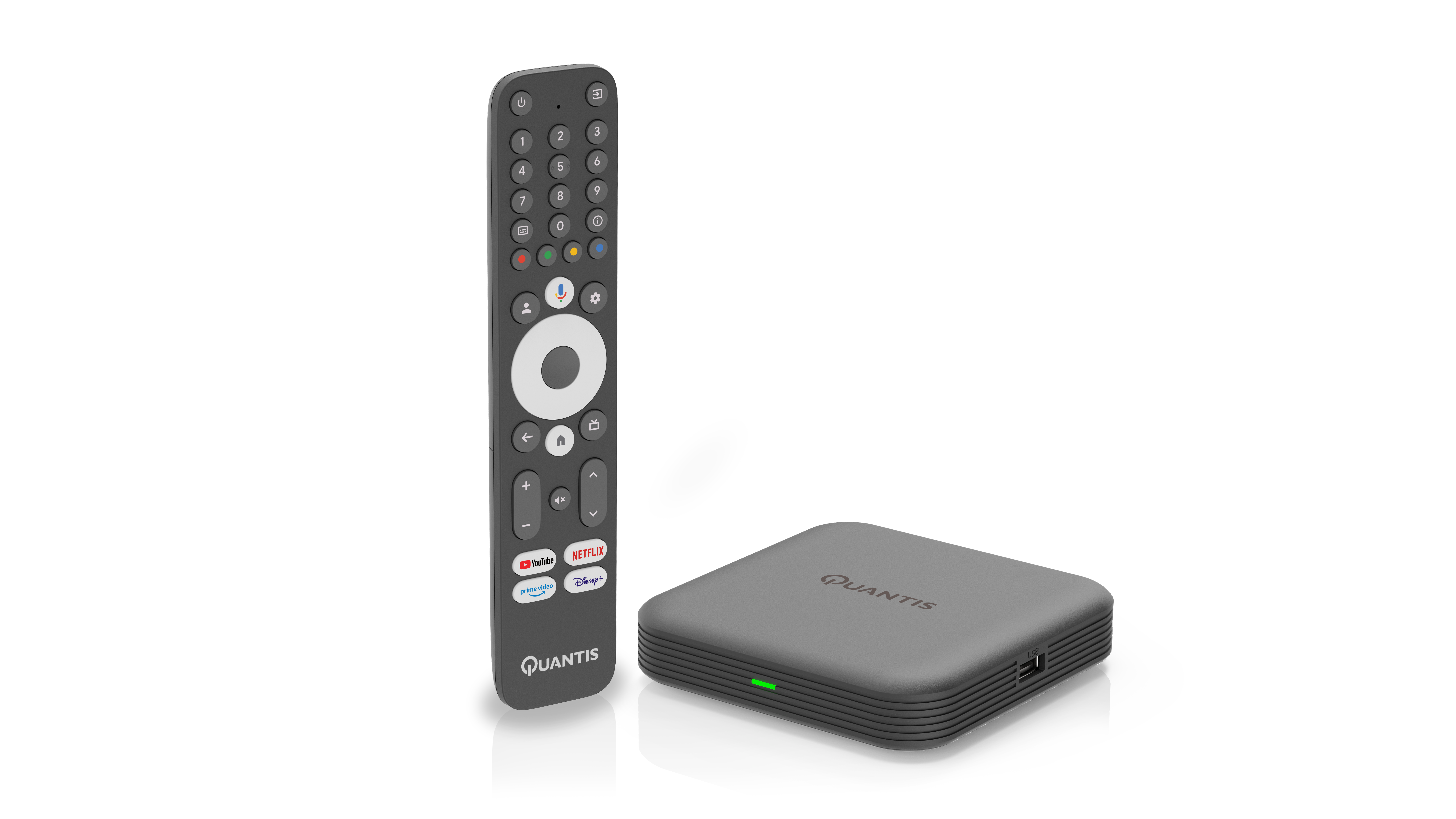Een grijze Quantis TV-box en afstandsbediening worden weergegeven tegen een witte achtergrond, met de nadruk op hun strakke ontwerp.