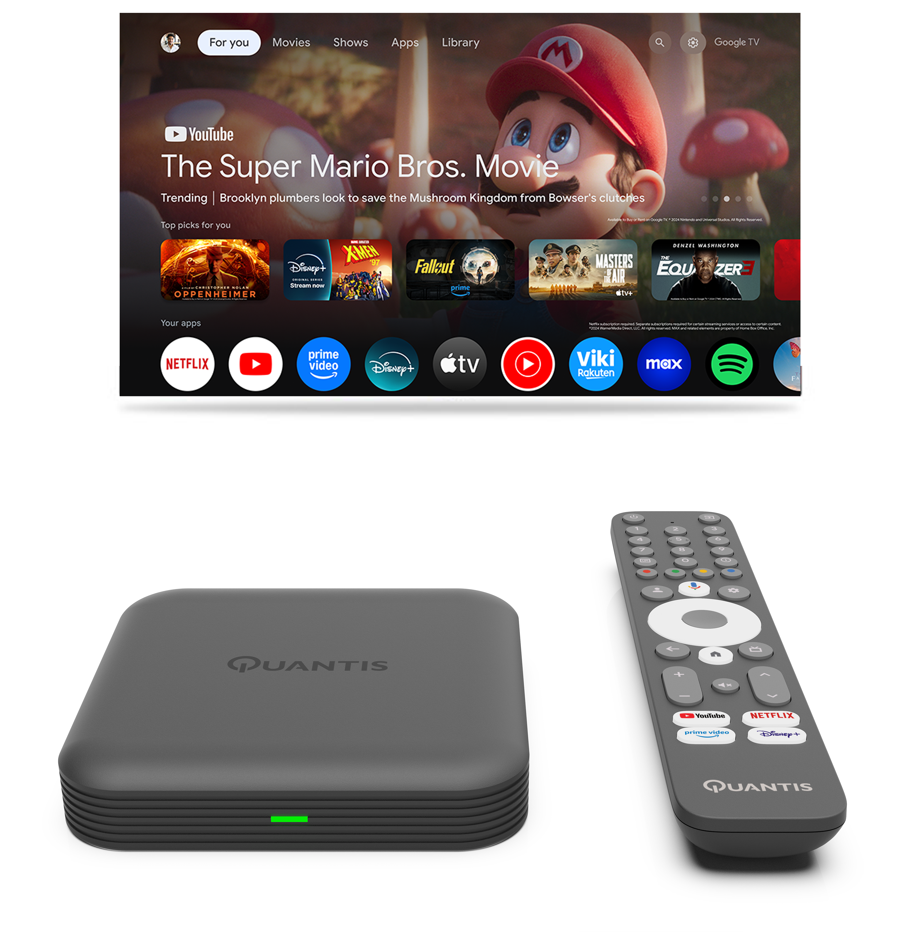 Een Quantis TV-box en afstandsbediening worden getoond onder een tv-scherm met een menu met verschillende apps.