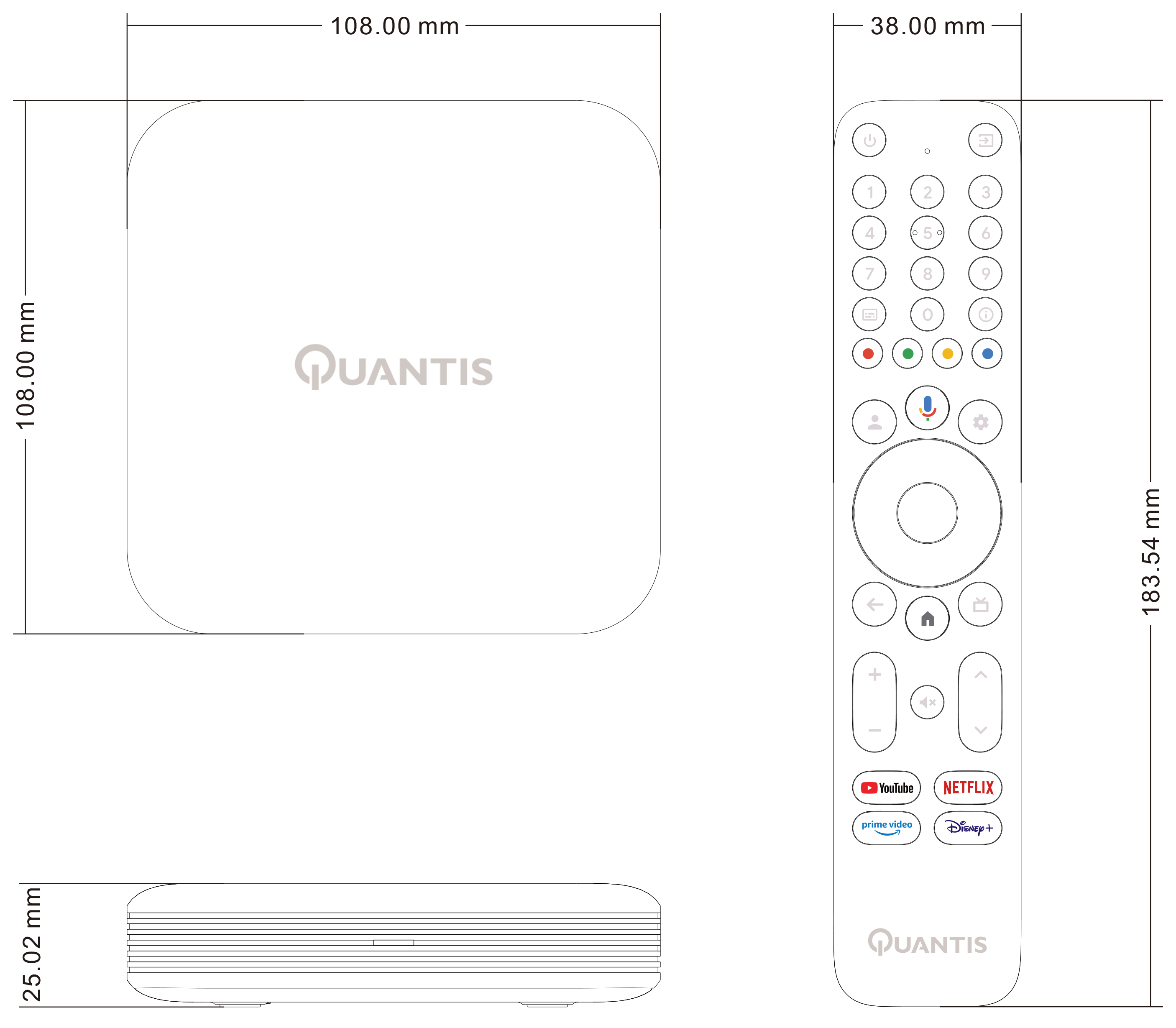 Een diagram toont de afmetingen van een witte Quantis TV-box en afstandsbediening, met afmetingen in millimeters.