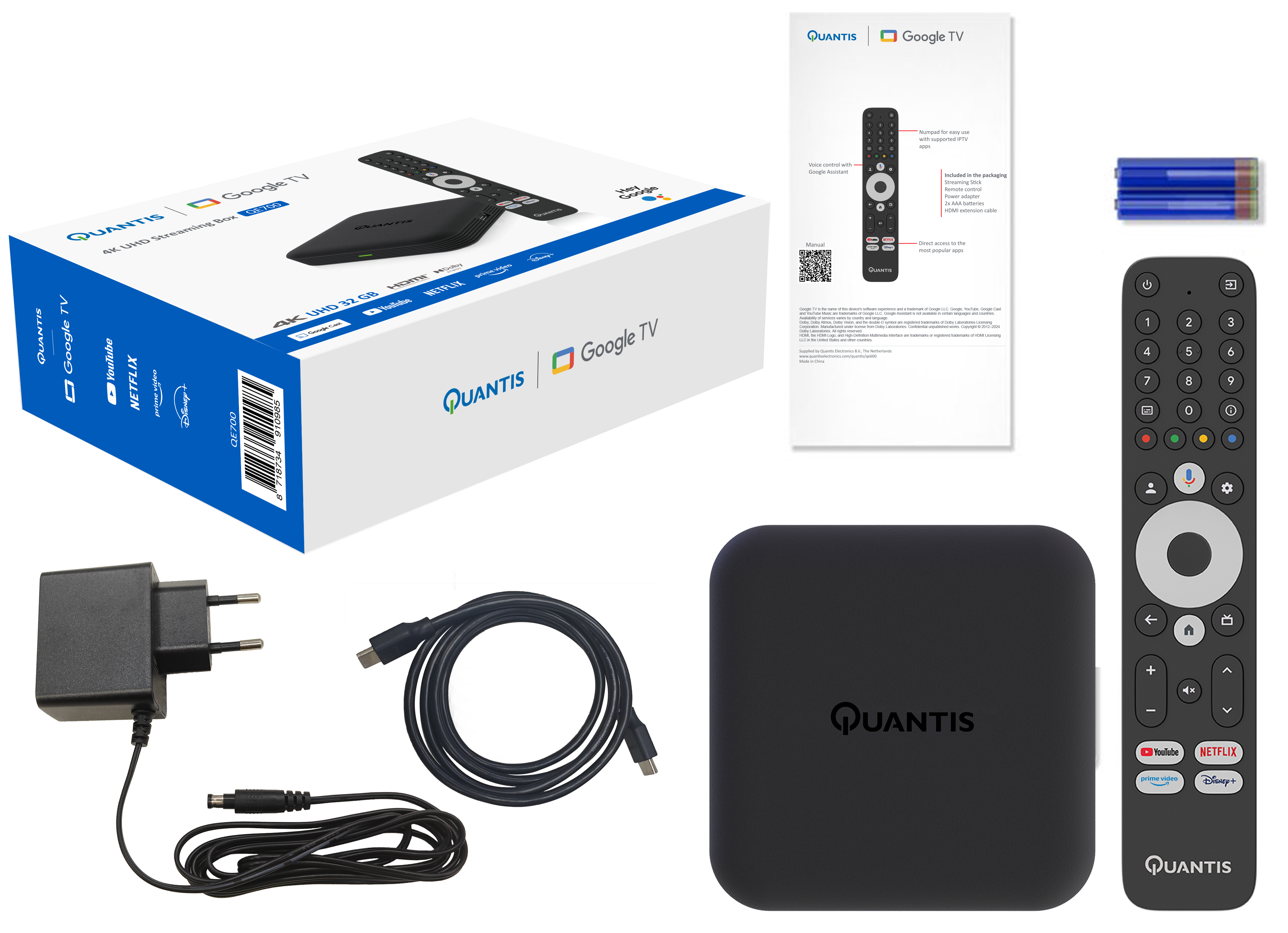 De afbeelding toont een Quantis Google TV box, afstandsbediening, stroomadapter, HDMI-kabel, batterijen en handleiding op een wit oppervlak.