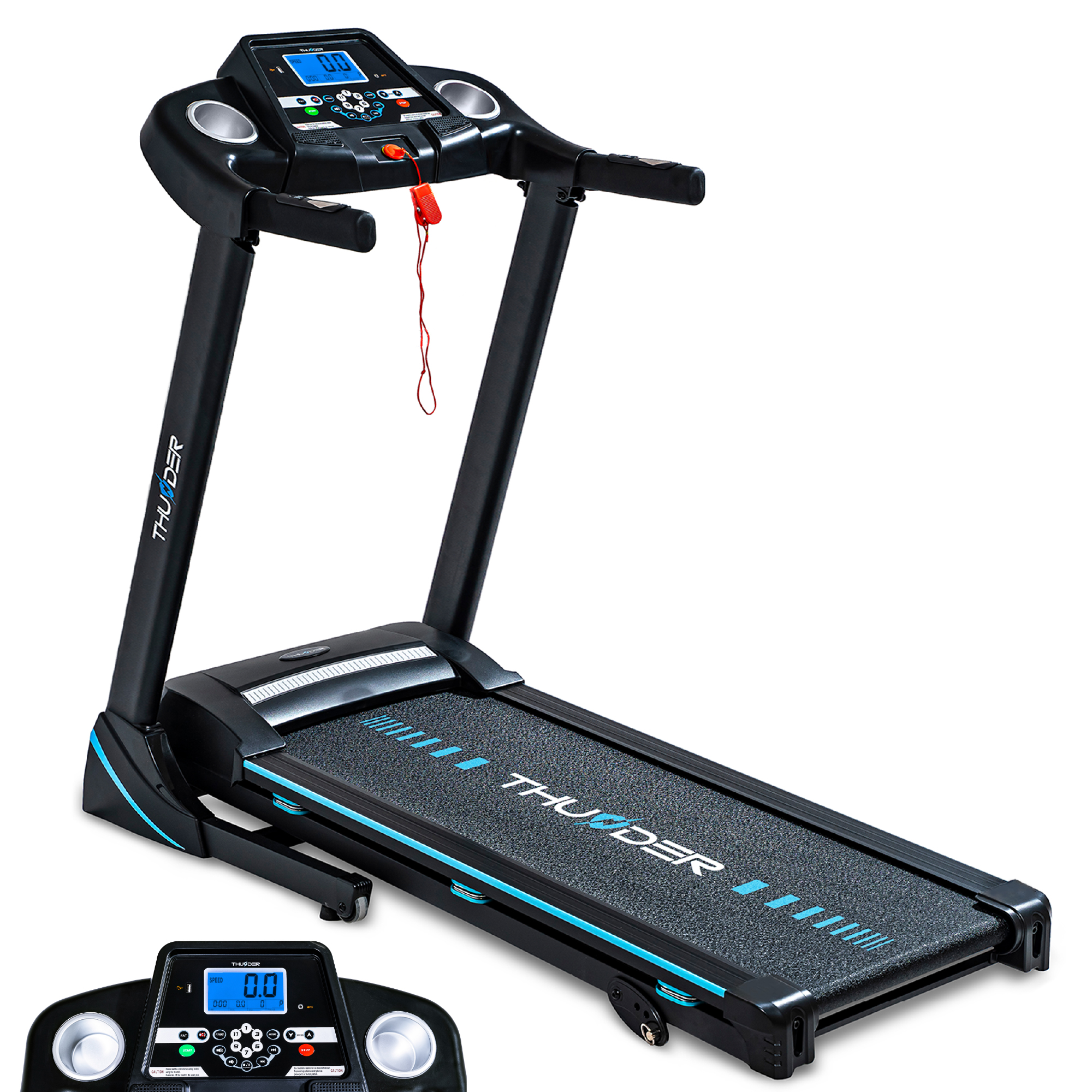 Obraz przedstawia czarną bieżnię Thunder z niebieskimi akcentami, panelem wyświetlacza i linką zabezpieczającą.