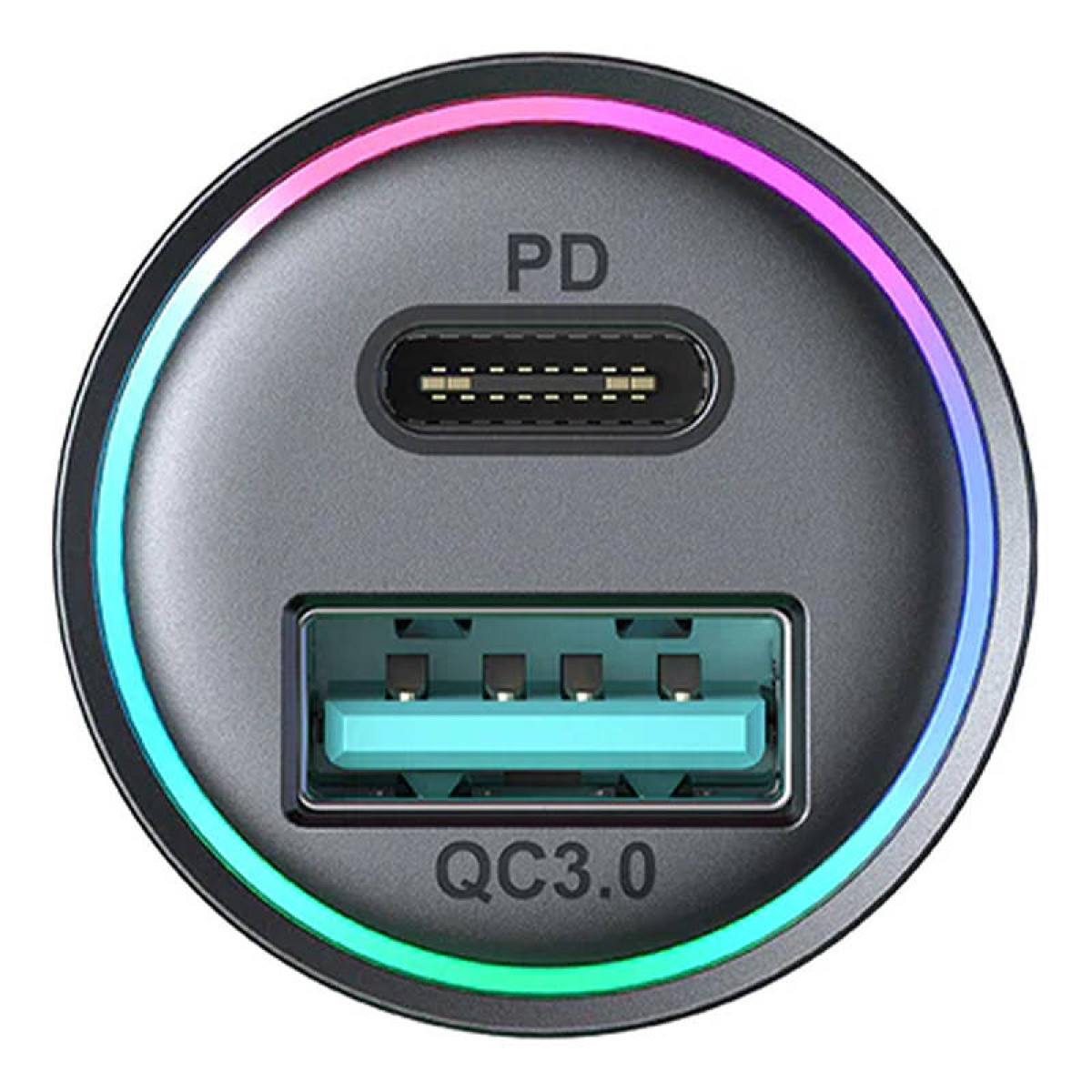 Obraz przedstawia górną część ładowarki samochodowej Joyroom z portami USB i USB-C z niebieskim i tęczowym oświetleniem LED.