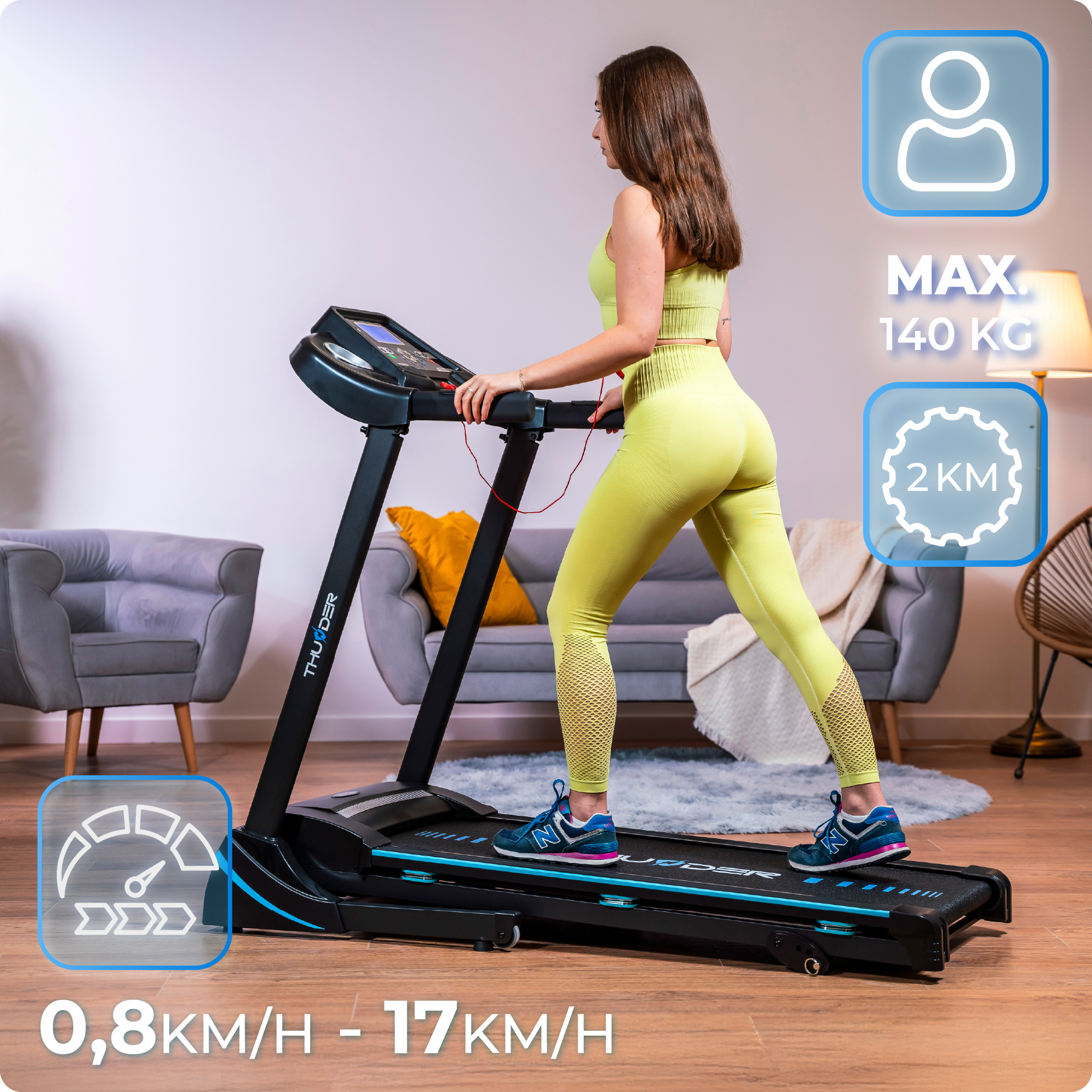 Obraz przedstawia kobietę na bieżni Thunder w salonie, podkreślając jej cechy i design.