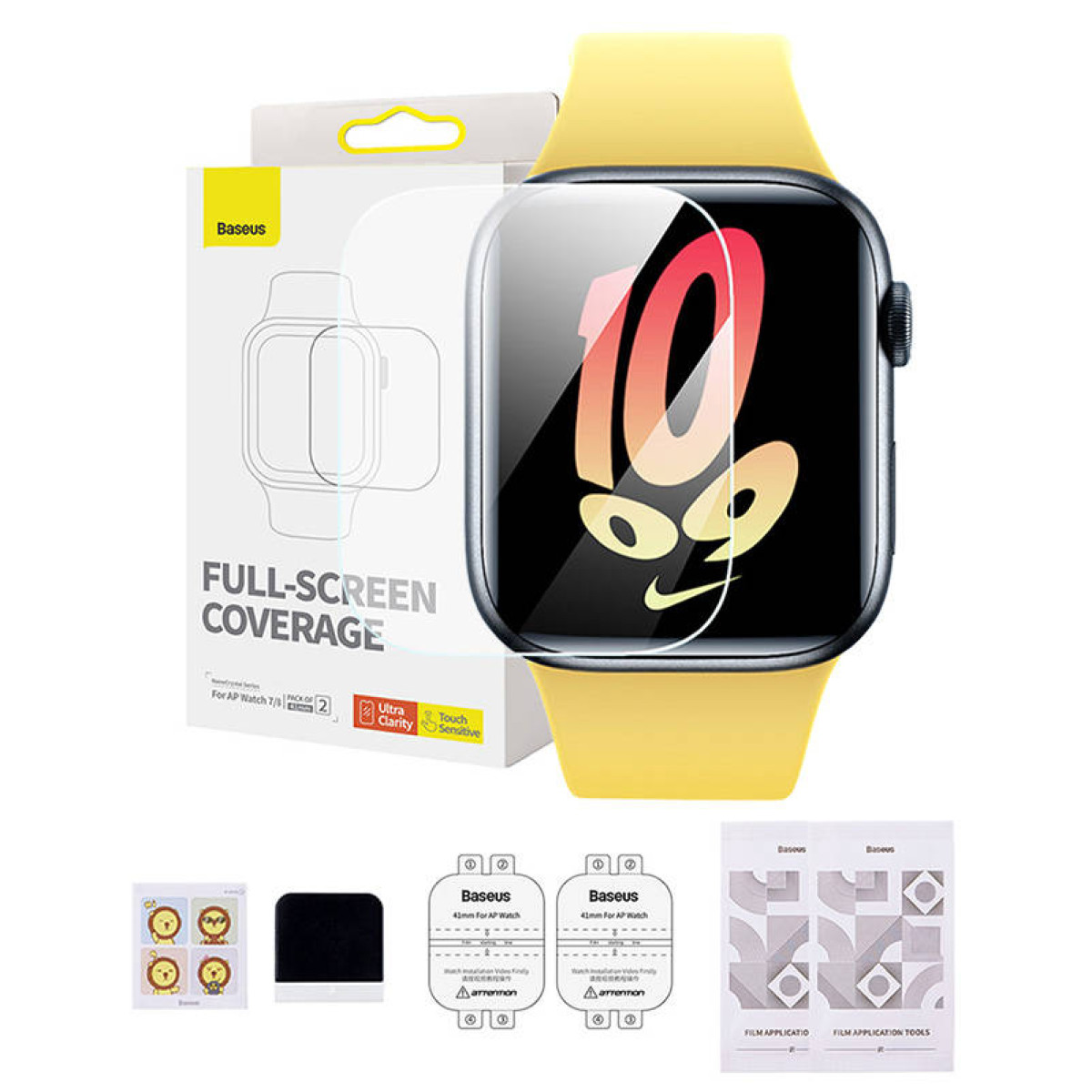 Uno smartwatch con cinturino giallo accanto a una scatola di protezione per lo schermo su uno sfondo bianco.