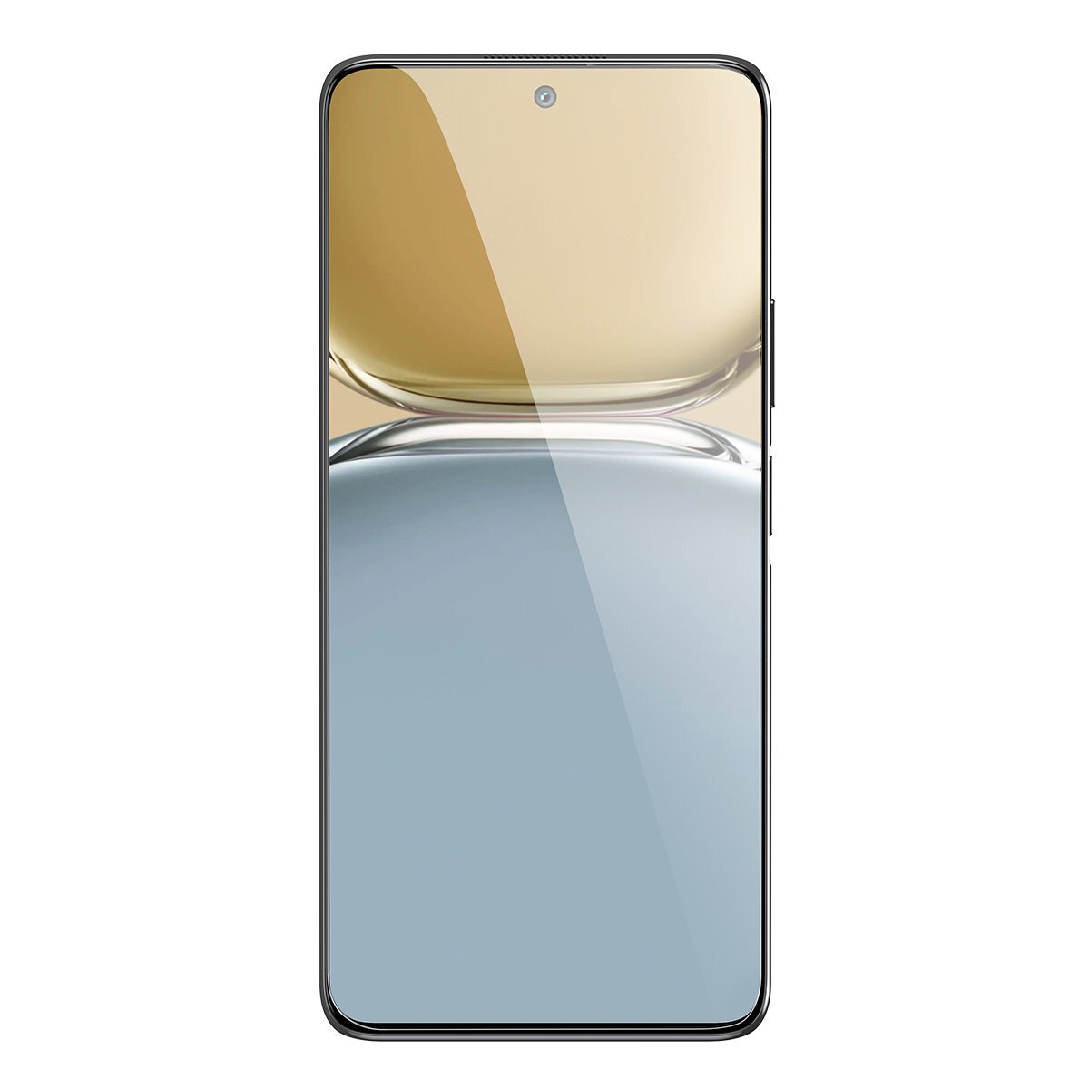 Un telefono cellulare con una protezione per lo schermo installata, mostrato su uno sfondo bianco.