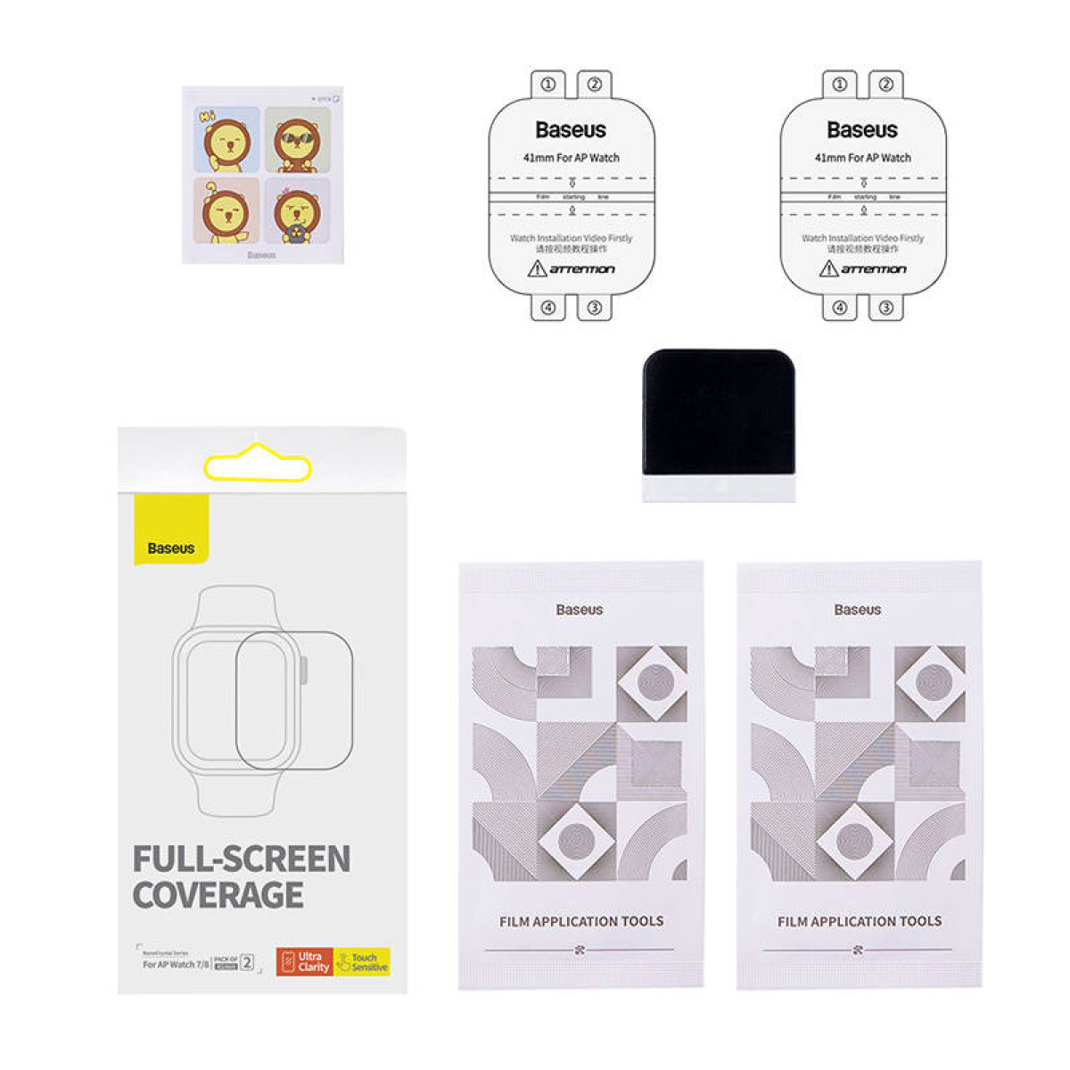 Vari strumenti di installazione della protezione dello schermo e confezione per uno smartwatch su uno sfondo bianco.