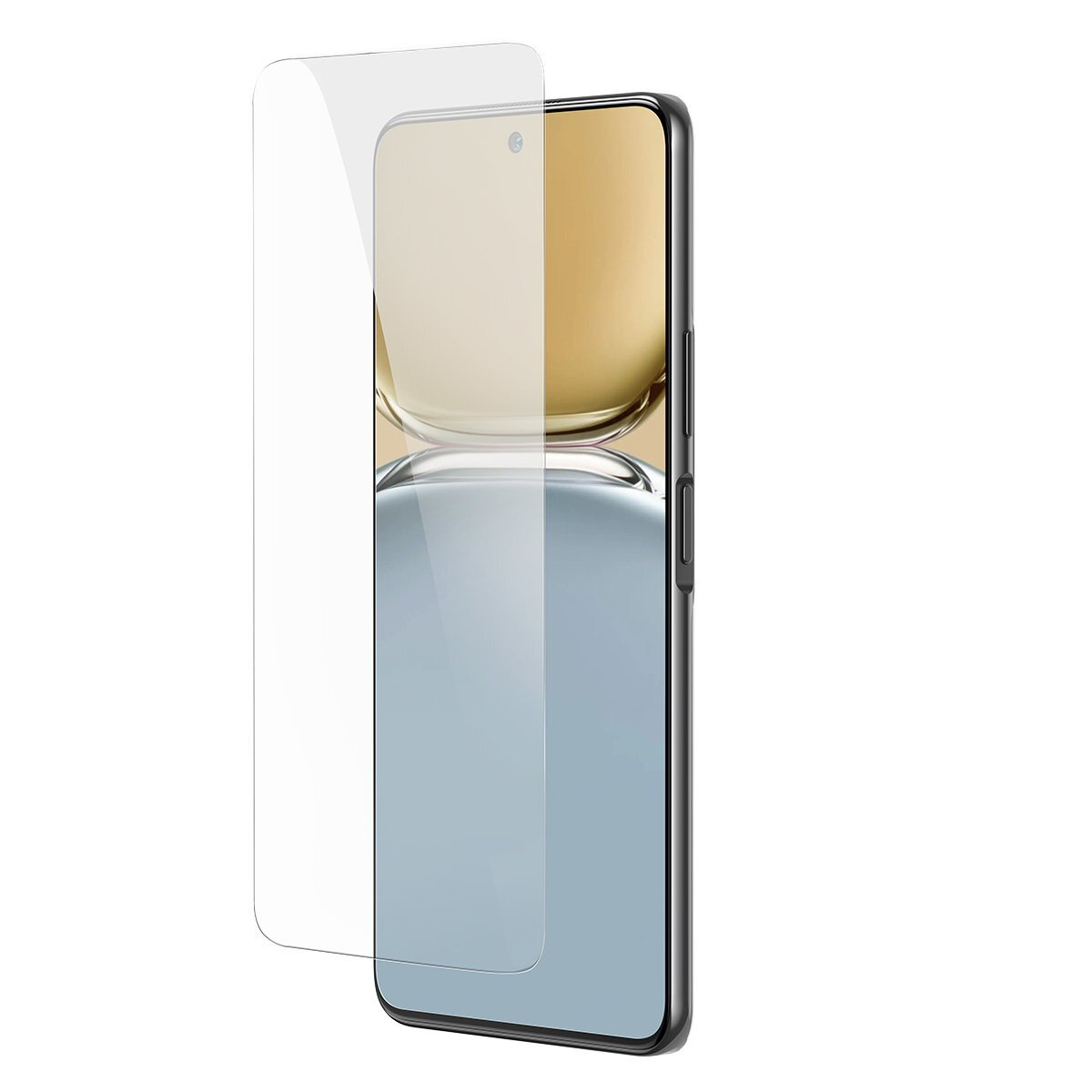 Un telefono cellulare si trova accanto a una pellicola protettiva, entrambi su uno sfondo bianco.