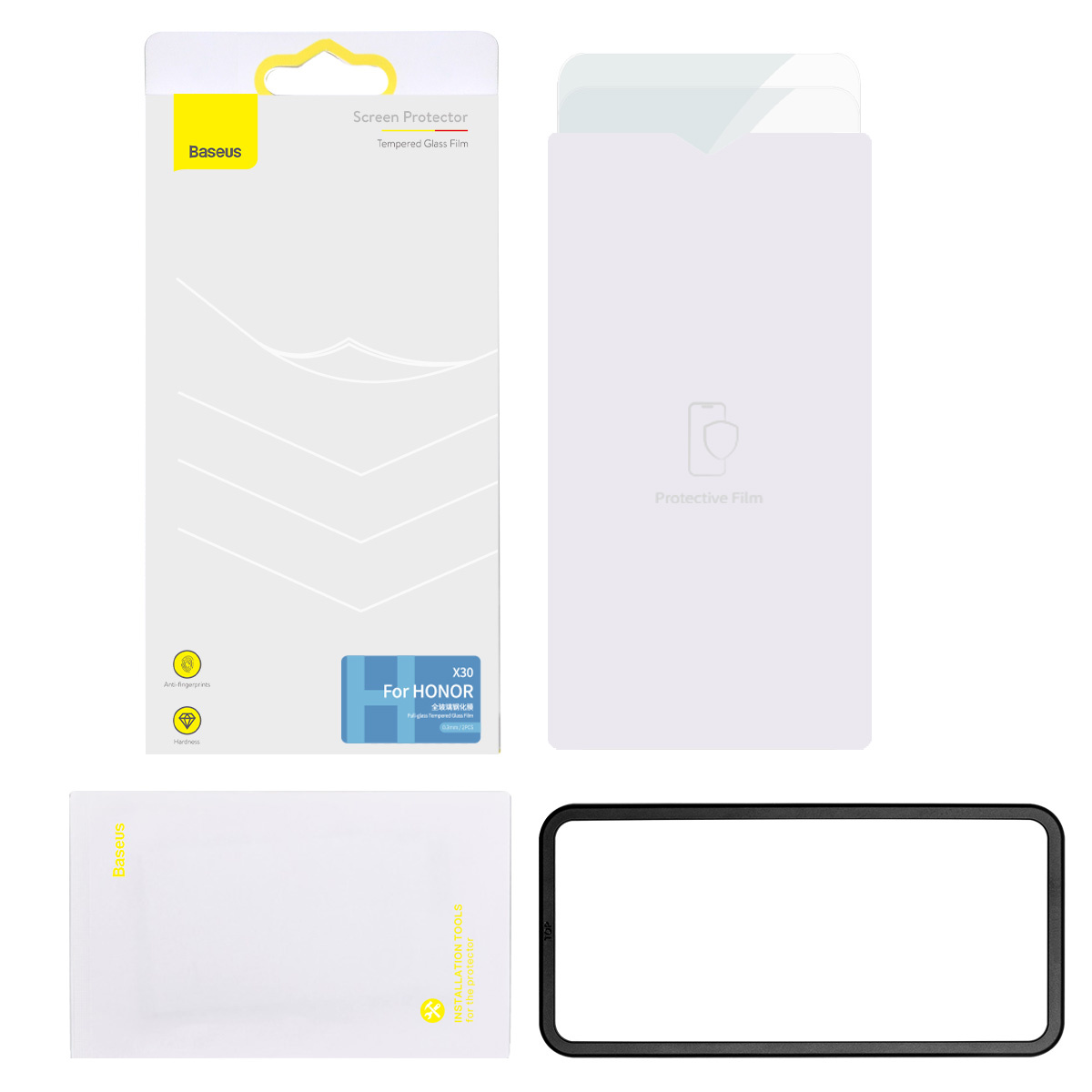 Confezione della protezione per lo schermo Baseus e strumenti di installazione su uno sfondo bianco.