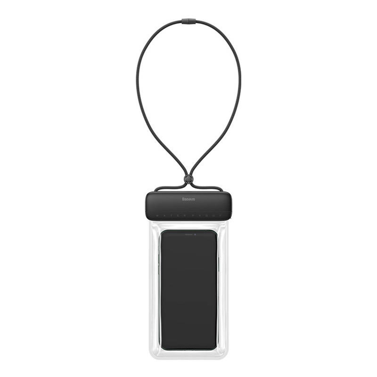 Wasserdichte Handyhülle mit Schlüsselband. Das Telefon ist im Inneren des Gehäuses sichtbar.