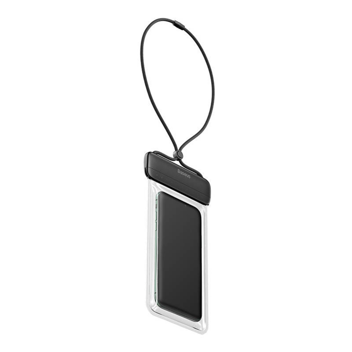 Wasserdichte Handyhülle mit Schlüsselband. Das Telefon ist im Inneren des Gehäuses sichtbar.