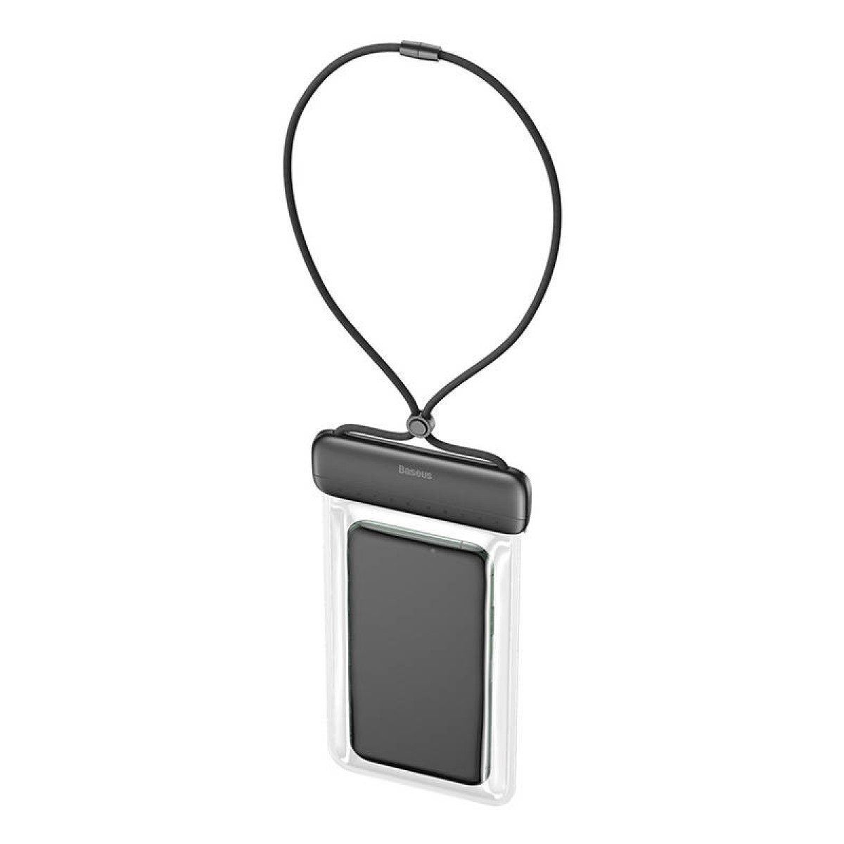 Wasserdichte Handyhülle mit Schlüsselband. Das Telefon ist im Inneren des Gehäuses sichtbar.