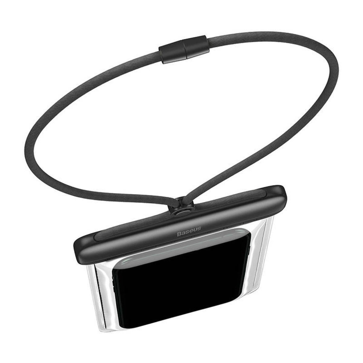 Wasserdichte Handyhülle mit Schlüsselband. Das Telefon ist im Inneren des Gehäuses sichtbar.