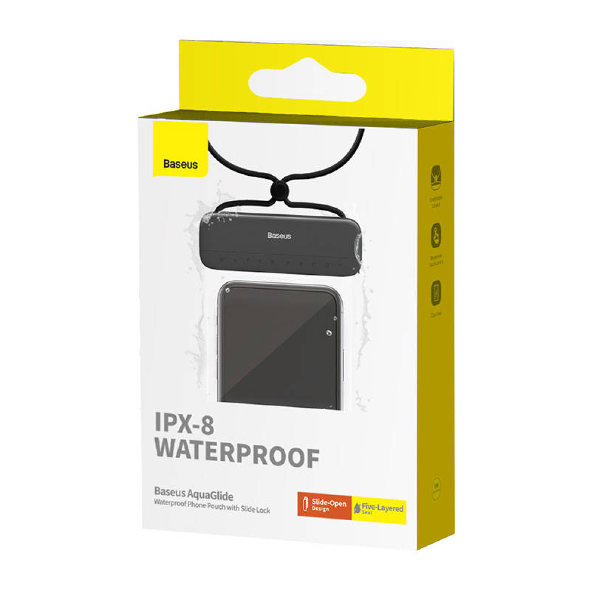 Wasserdichte Handyhülle in gelber Verpackung. Das Telefon ist im Inneren des Gehäuses sichtbar.