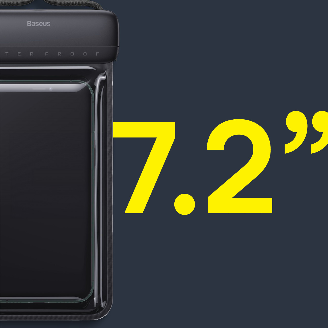 Ein Telefon in einer wasserdichten Hülle mit dem Text "7.2". Es wird auf einem dunklen Hintergrund angezeigt.