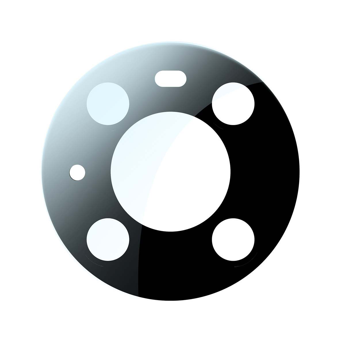 Ochronna osłona obiektywu z pięcioma okrągłymi wycięciami, w kolorze czarnym i srebrnym, na białym tle.