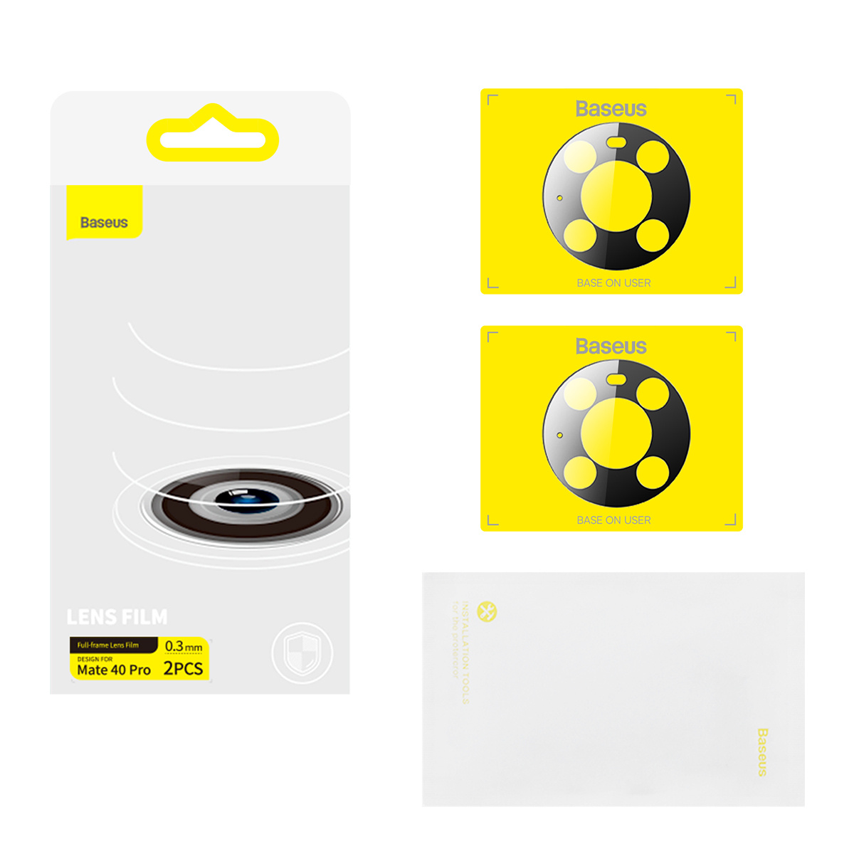 Opakowanie folii na soczewki z dwoma osłonami soczewek i narzędziami instalacyjnymi na żółto-białym tle.