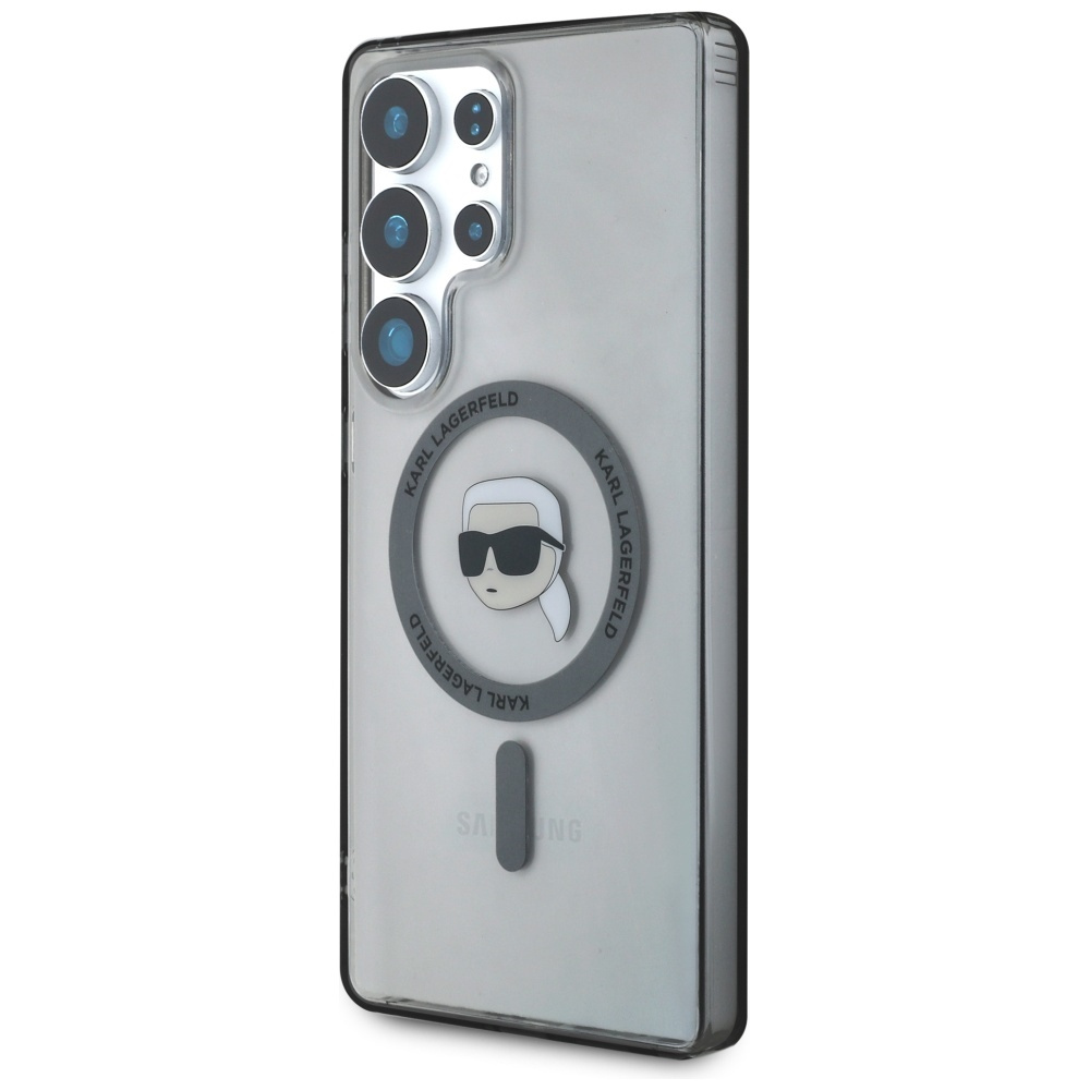 Smartfon z przezroczystym etui Karla Lagerfelda z postacią Karla Lagerfelda z kreskówki.