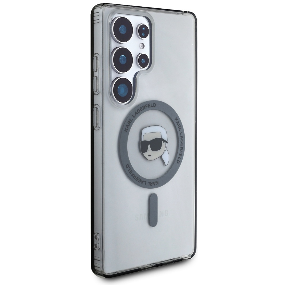Smartfon z przezroczystym etui Karla Lagerfelda z postacią Karla Lagerfelda z kreskówki.