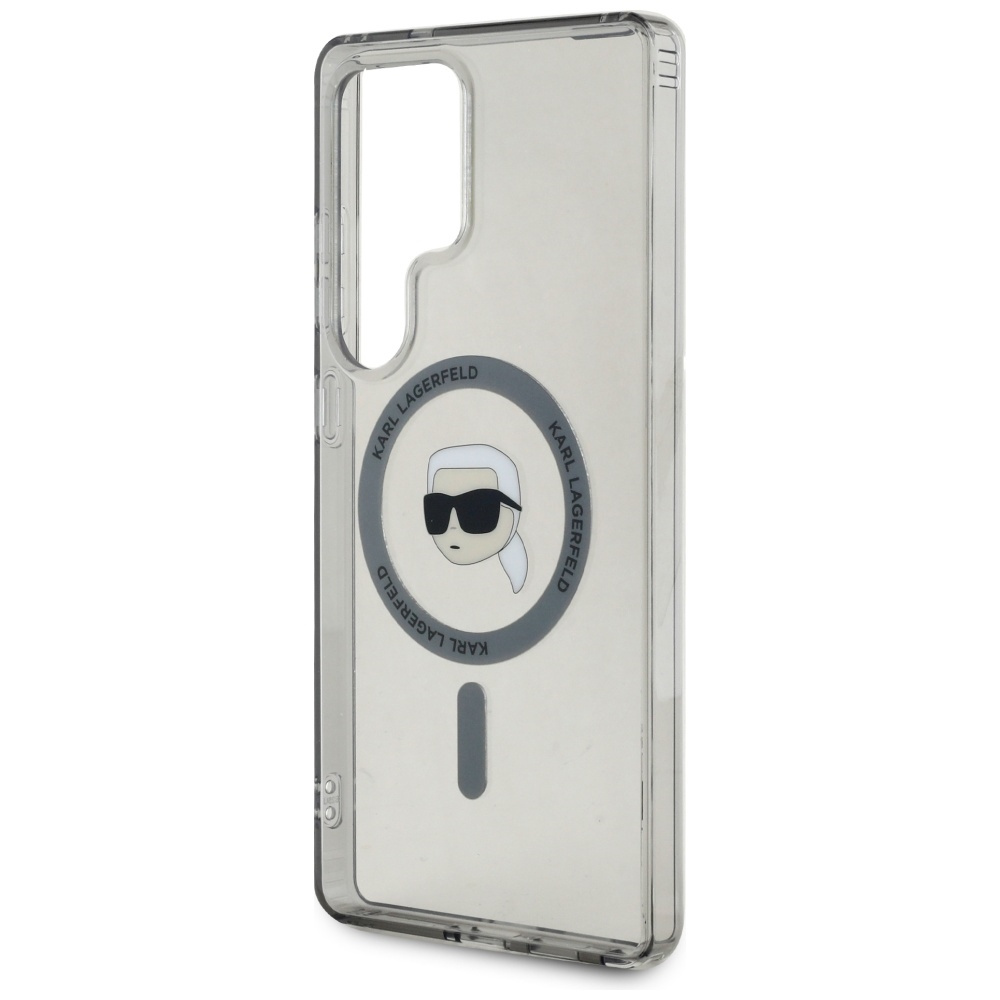 Smartfon z etui Karla Lagerfelda. Etui jest przezroczyste i przedstawia postać Lagerfelda z kreskówki.