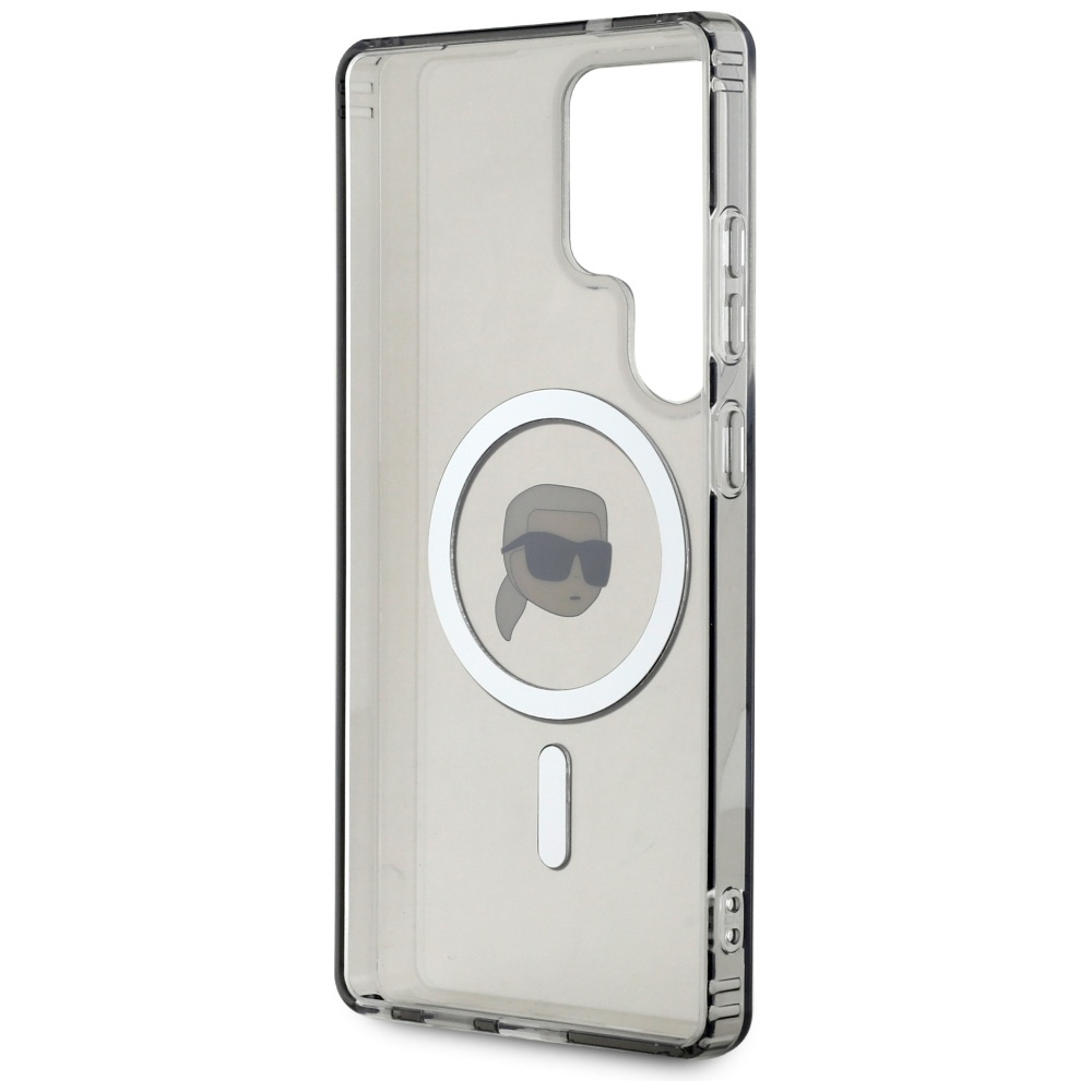 Smartfon z etui Karla Lagerfelda. Etui jest przezroczyste i przedstawia postać Lagerfelda z kreskówki.