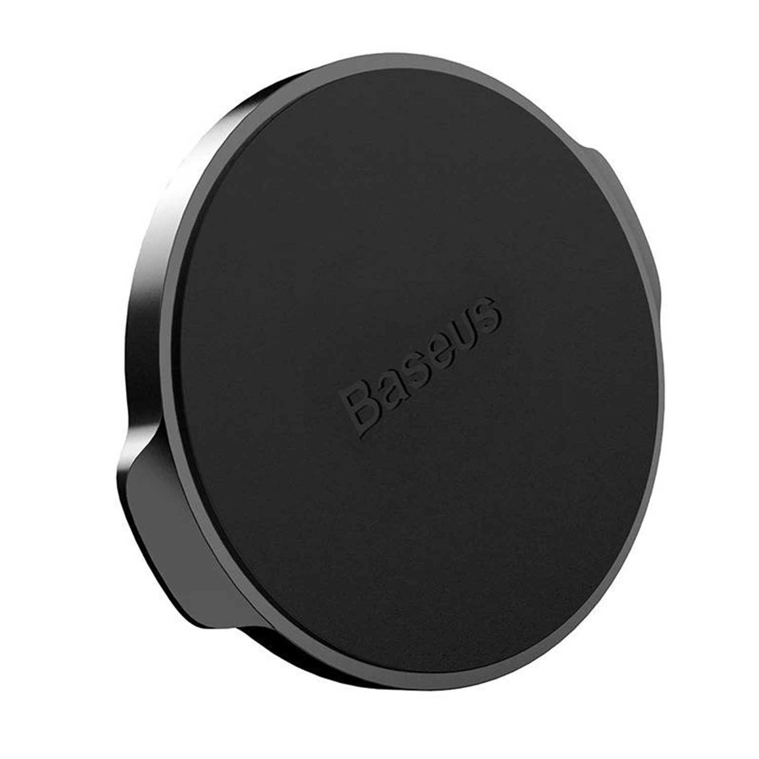 Czarny magnetyczny uchwyt do telefonu Baseus, okrągły, z wytłoczonym logo marki na powierzchni.