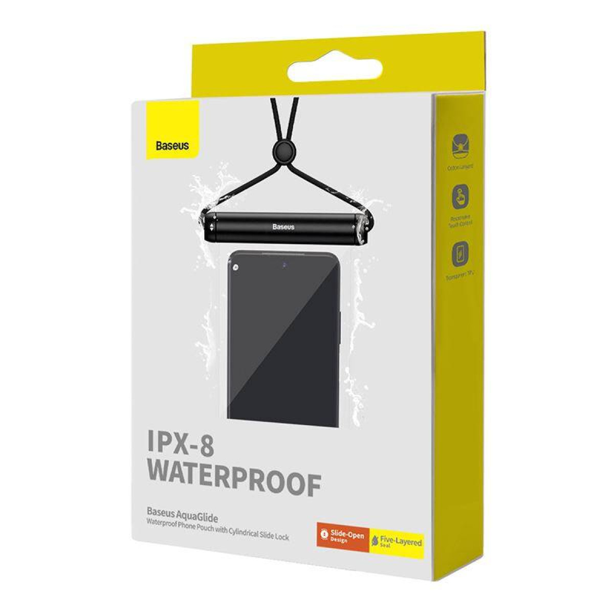 Ein wasserdichter Baseus IPX-8-Handybeutel in seiner Verpackung, der die Funktionen und das Design des Produkts zeigt.