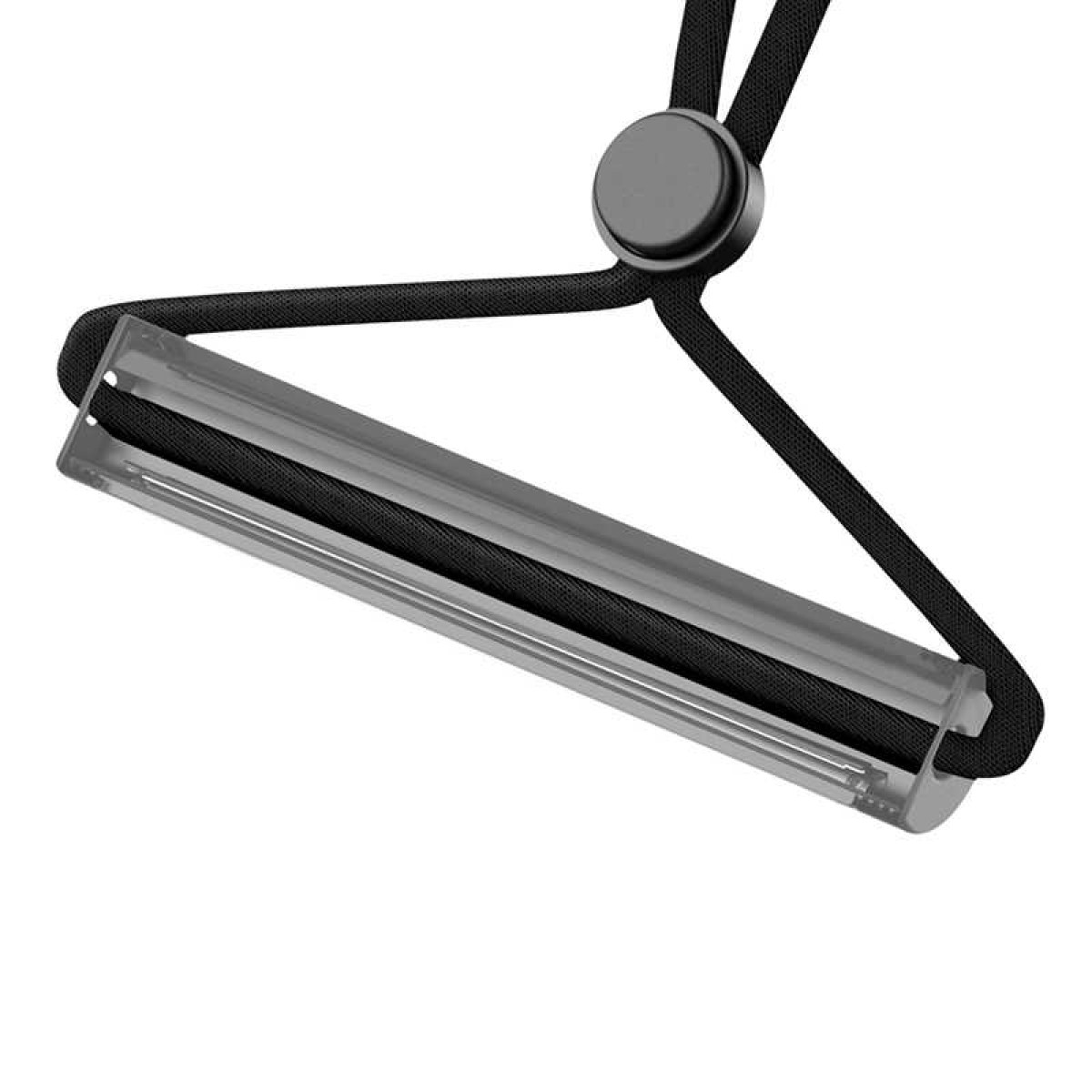 Przezroczysty plastikowy pręt z czarnymi paskami biegnącymi przez niego, przymocowany do czarnej smyczy.