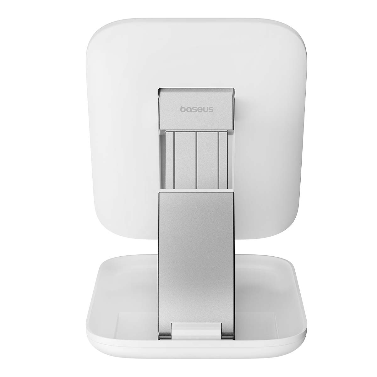 Biało-srebrny składany stojak na tablet z logo Baseus, widziany od tyłu.
