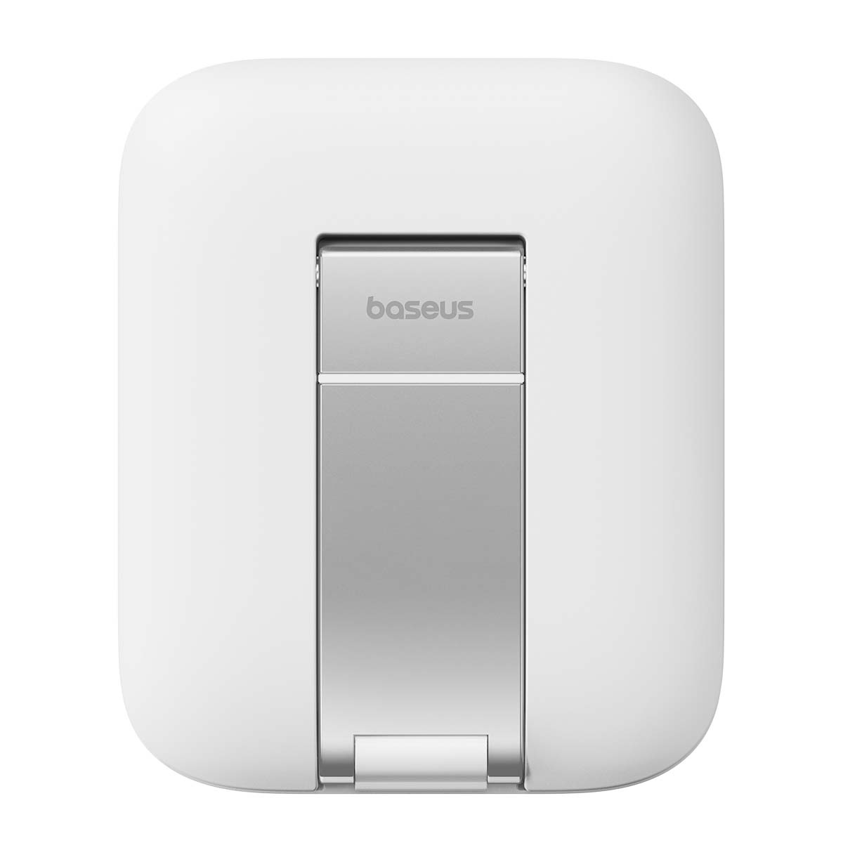 Zbliżenie na biały składany stojak na tablet Baseus, pokazujący logo marki i konstrukcję zawiasu.