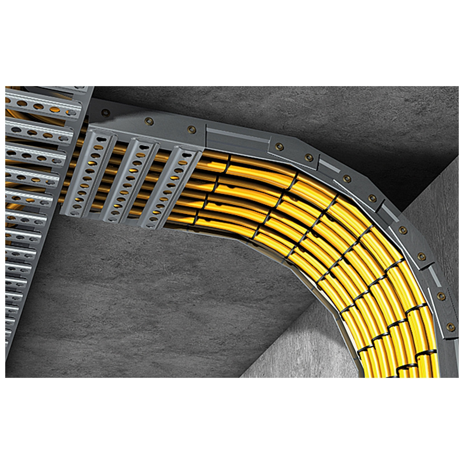 Metalowe korytka kablowe trzymające żółte kable, zakrzywiające się wzdłuż szarej ściany, ukazujące zorganizowaną infrastrukturę.