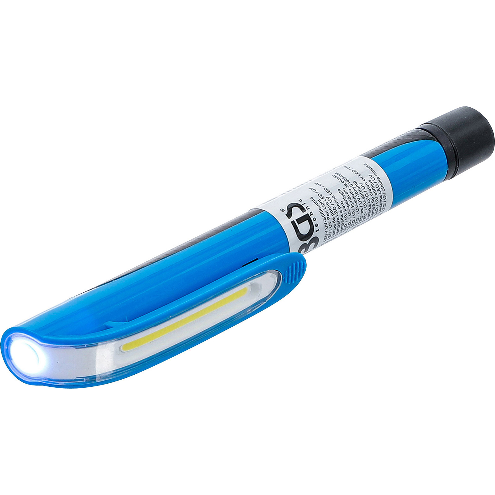 Beleuchtete blaue Arbeitsleuchte mit schwarzer Endkappe auf einer weißen Oberfläche.