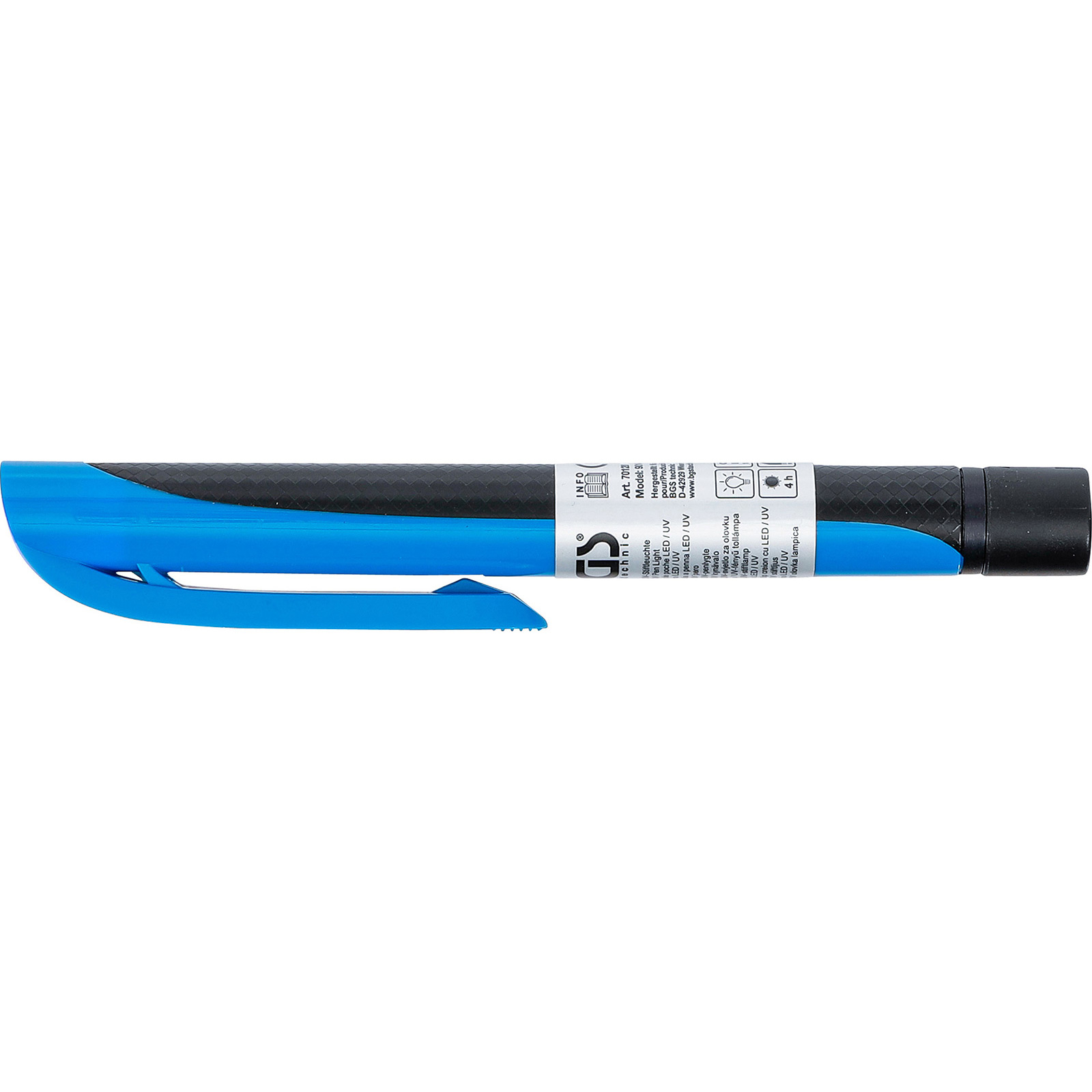Blaue und schwarze Arbeitsleuchte mit Taschenclip auf weißem Hintergrund.