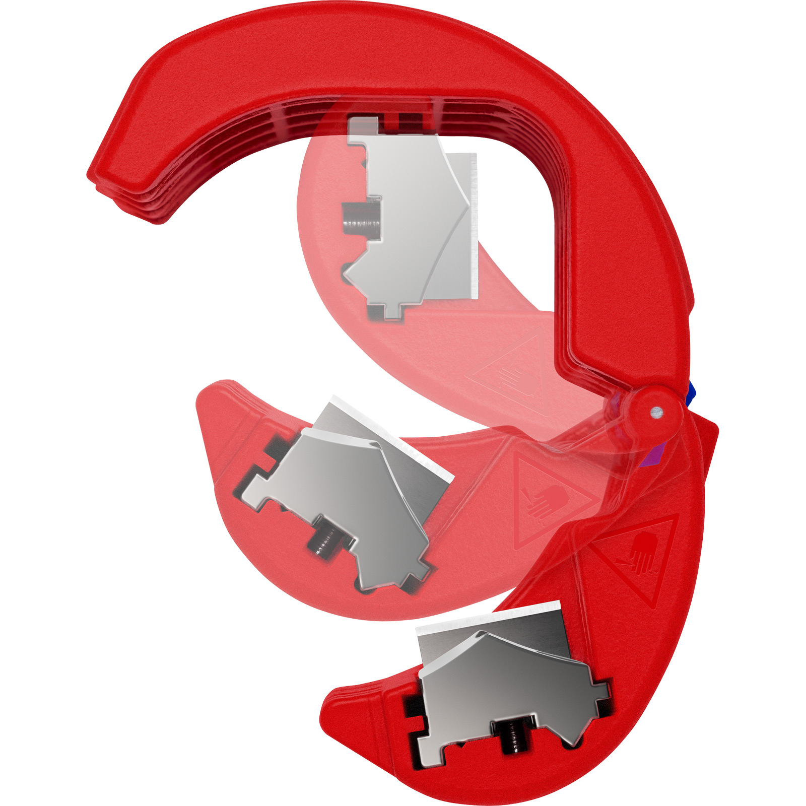 A red plastic pipe cutter with a metal blade is shown on a white background.