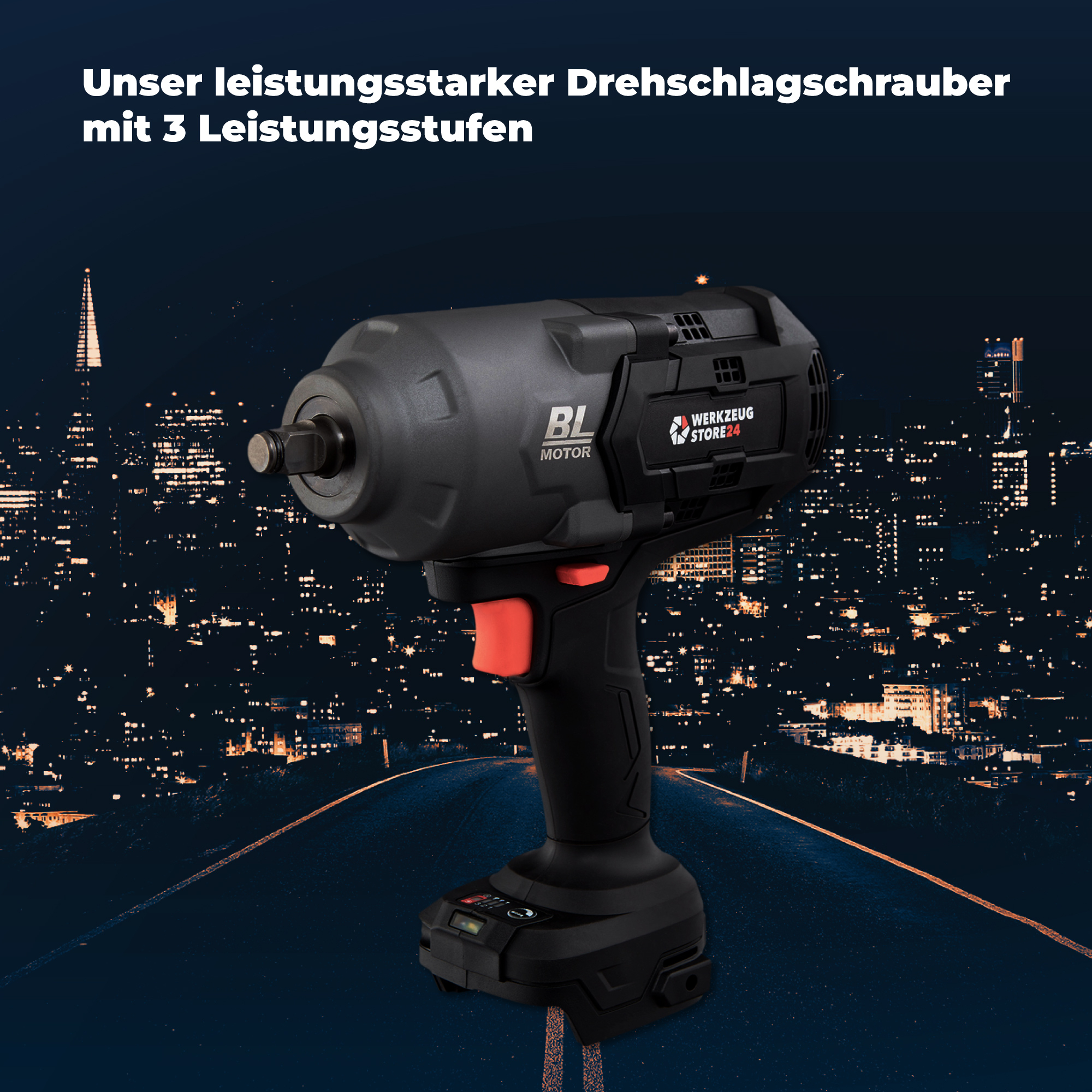 Ein Akku-Schlagschrauber steht vor einer Stadtkulisse und betont seine Leistung und städtische Anwendung.