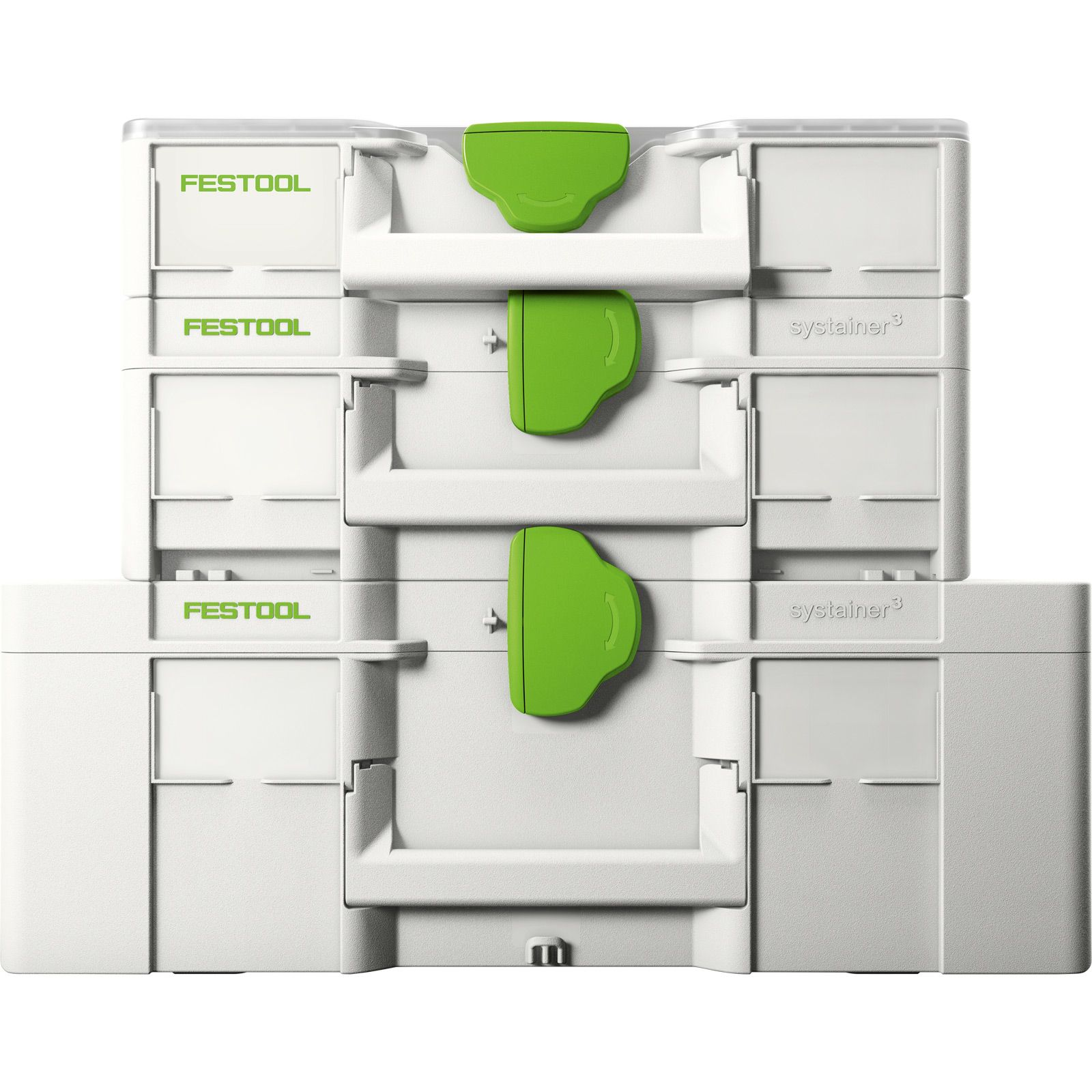 Stos białych skrzynek narzędziowych Festool Systainer z zielonymi zatrzaskami na białym tle.