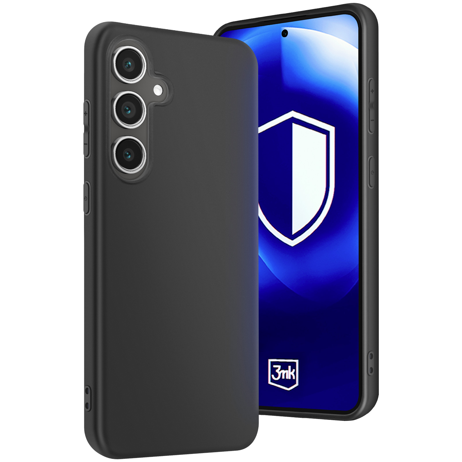 Una custodia per telefono nera con tre obiettivi della fotocamera visibili, accanto a una protezione per lo schermo con un logo.