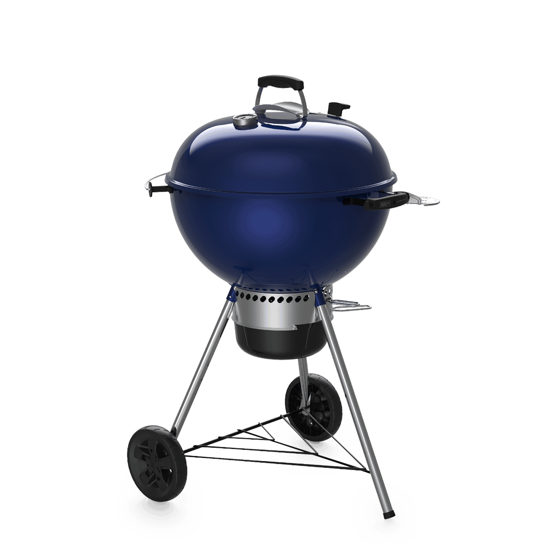 Niebieski grill kulkowy jest ustawiony na zielonym tle, prezentując pokrywę w kształcie kopuły i nogi z kółkami.