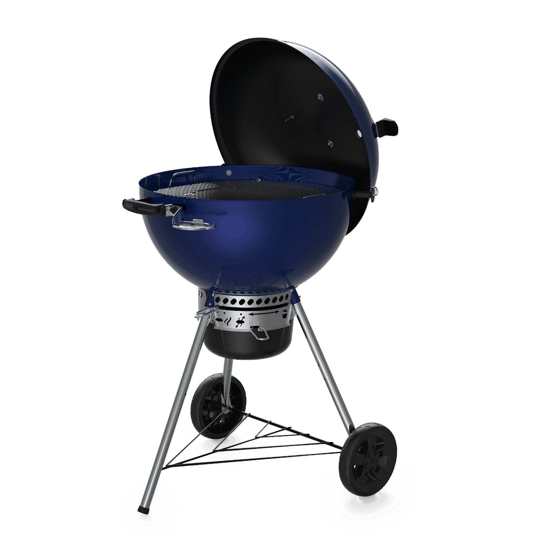 Niebieski grill z otwartą pokrywą stoi na zielonym tle, odsłaniając wewnętrzny ruszt.