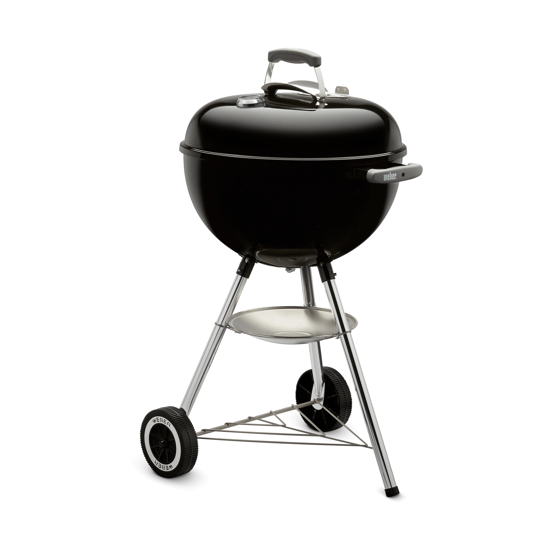 Yeşil bir arka planda siyah bir barbekü ızgarası, kubbeli bir kapak ve tekerlekli ayaklara sahiptir.