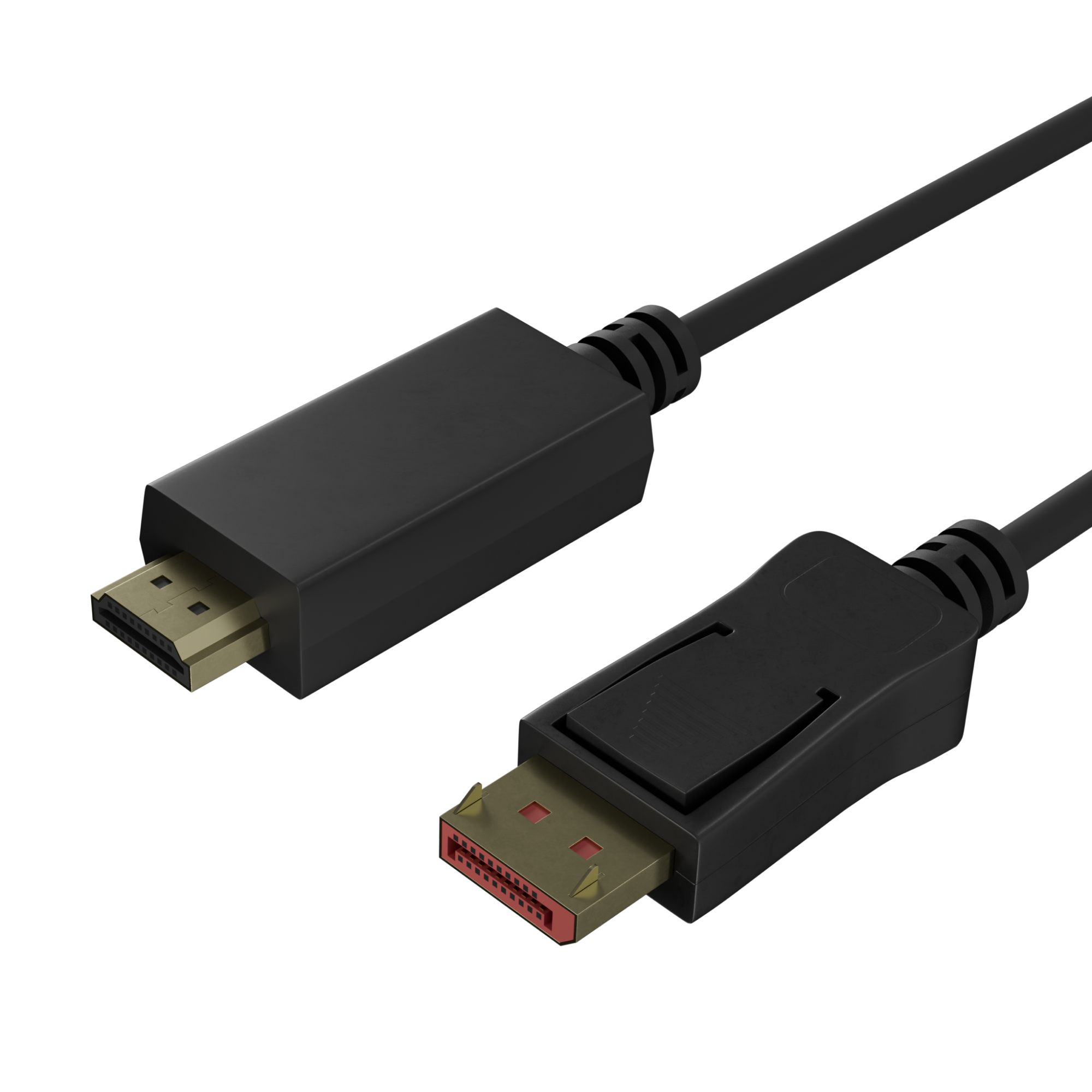 Schwarzes Kabel mit HDMI- und DisplayPort-Anschlüssen. Die Anschlüsse haben goldene Stifte.