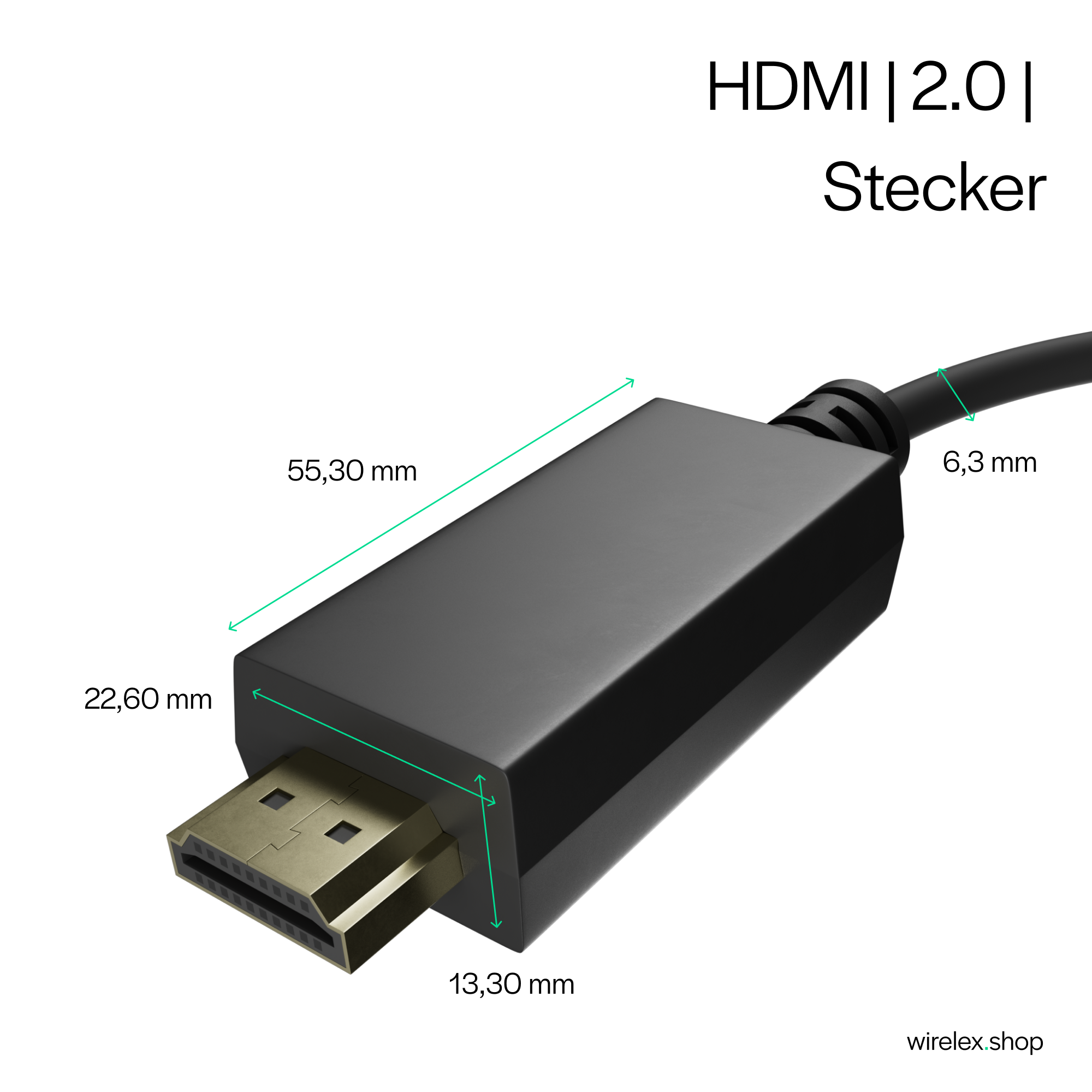 HDMI 2.0-Anschluss. Es ist schwarz mit goldenen Stiften. Die Abmessungen werden ebenfalls angezeigt.