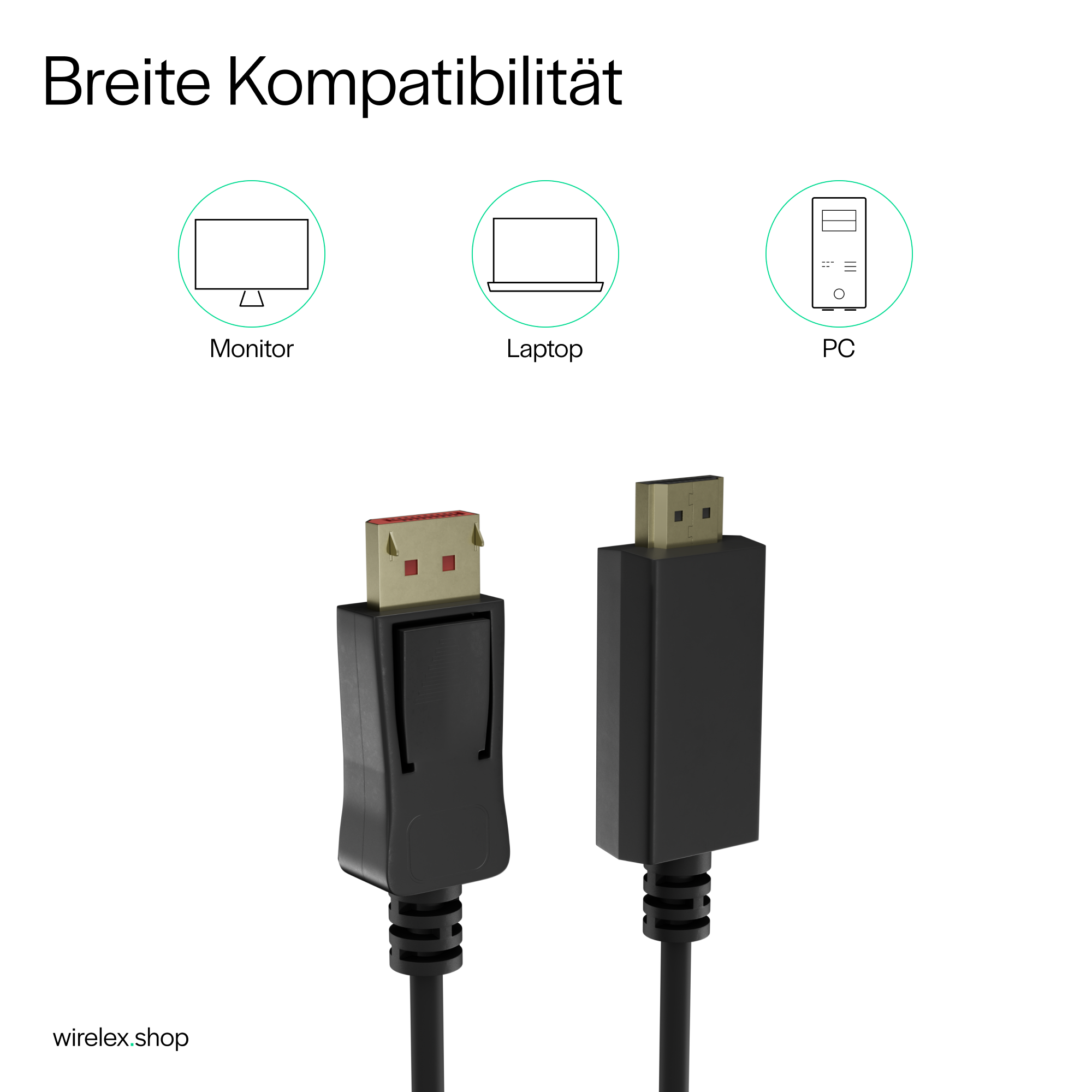 Das Bild zeigt, dass das HDMI- und Displayport-Kabel mit Monitor, Laptop und PC kompatibel ist.