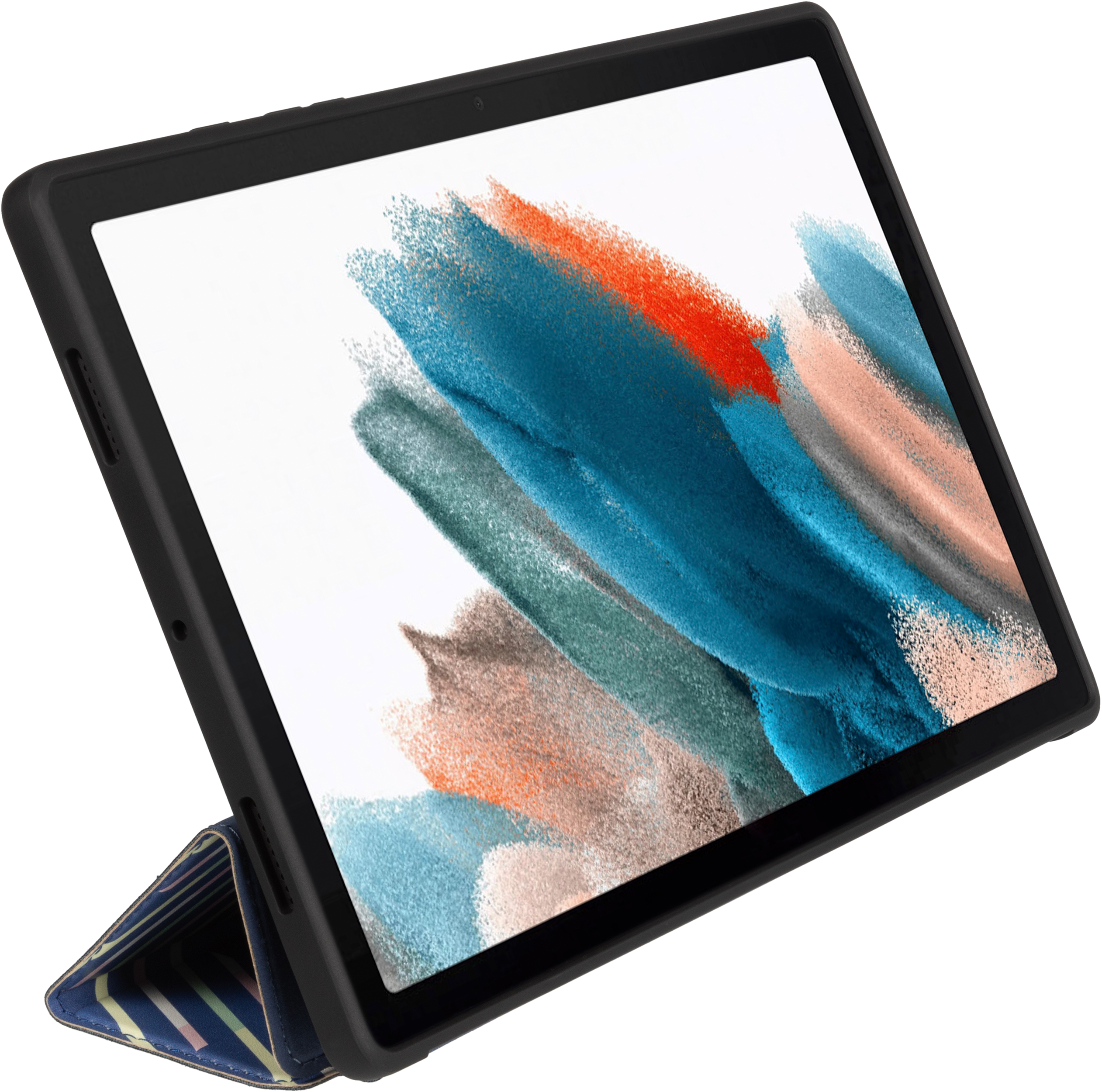 Tablet in einer schwarzen Hülle mit einer farbenfrohen Bildschirmabdeckung, die aufgestellt ist, um den Bildschirm anzuzeigen.