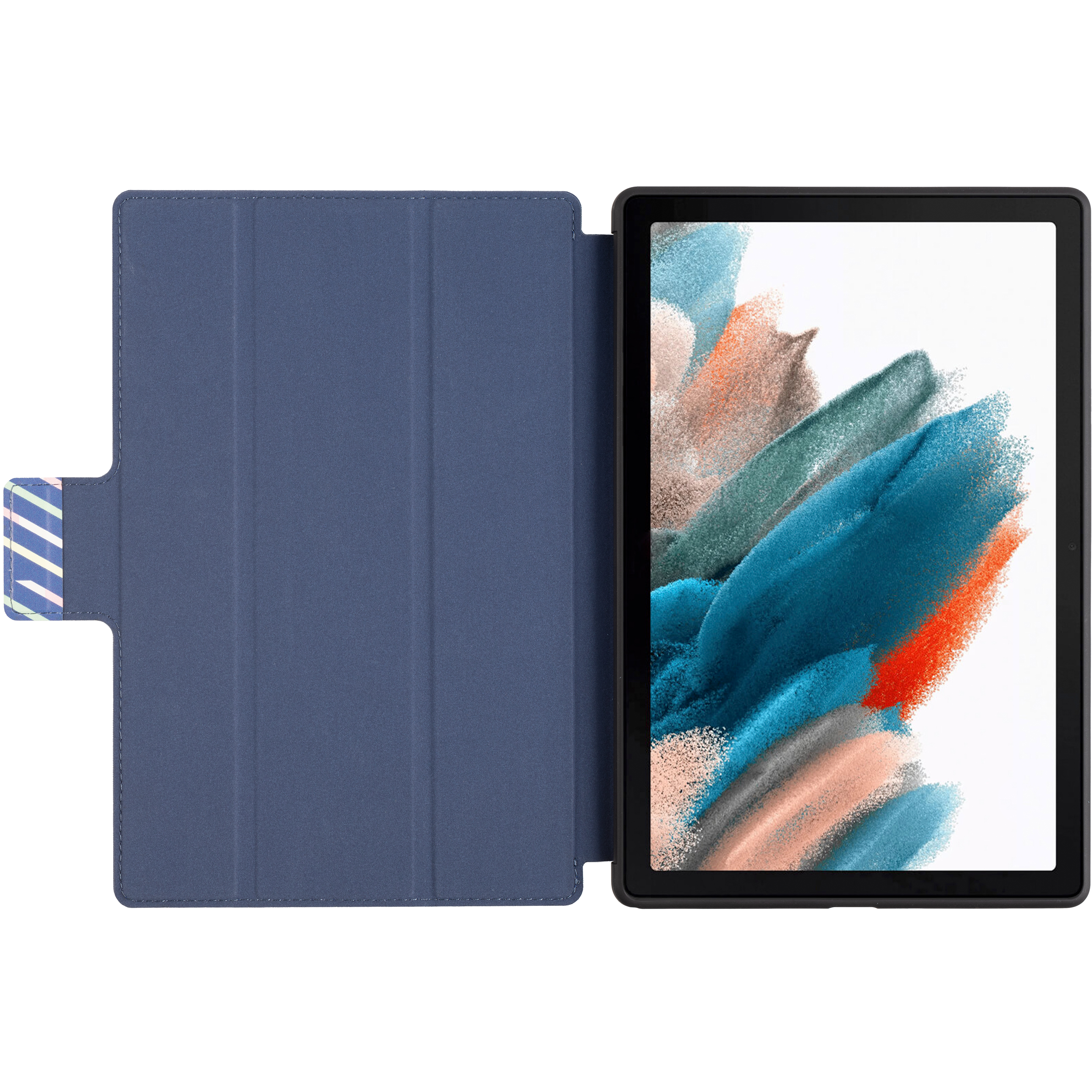 Offenes Tablet mit blauem Gehäuse, das einen farbenfrohen Bildschirm zeigt.