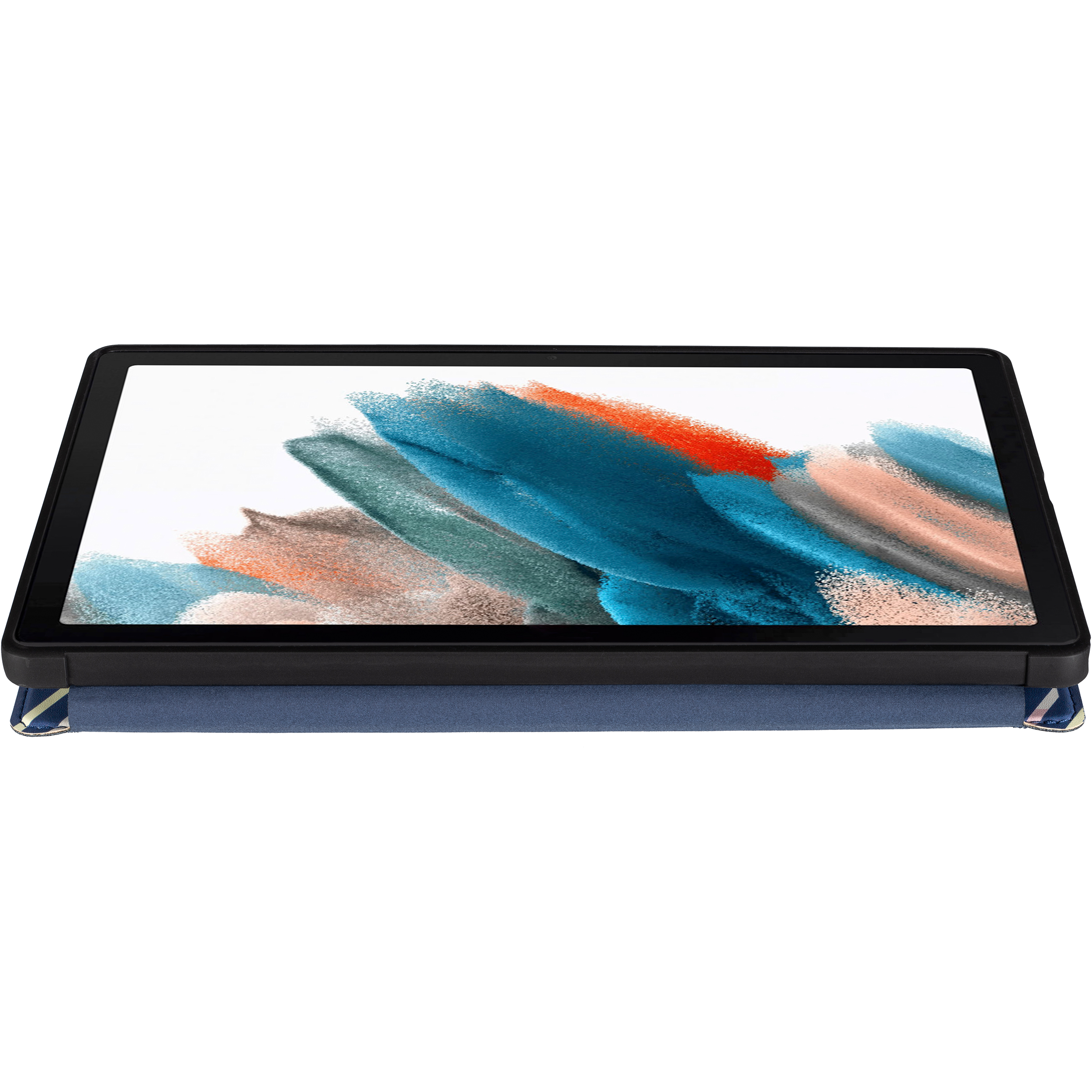 Tablet in einer schwarzen Hülle mit einer farbenfrohen Bildschirmabdeckung, die flach liegt.