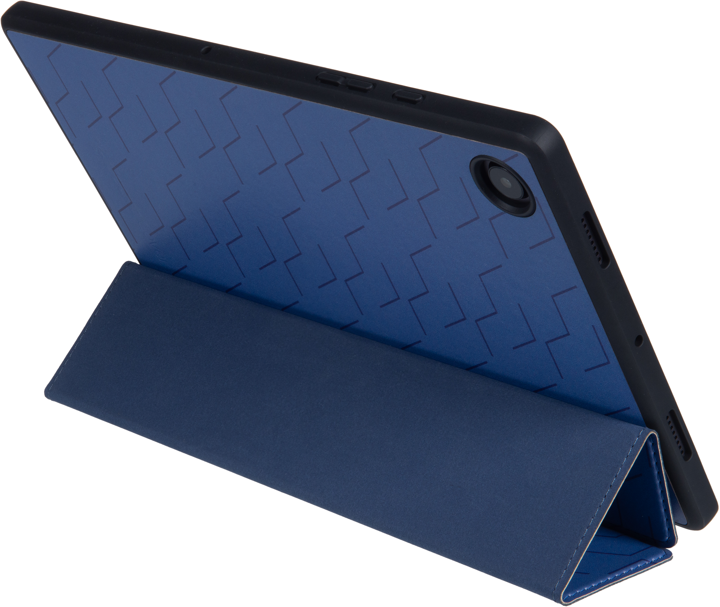 Tablet in einem blauen Gehäuse, aufgestellt, um die Rückseite anzuzeigen.
