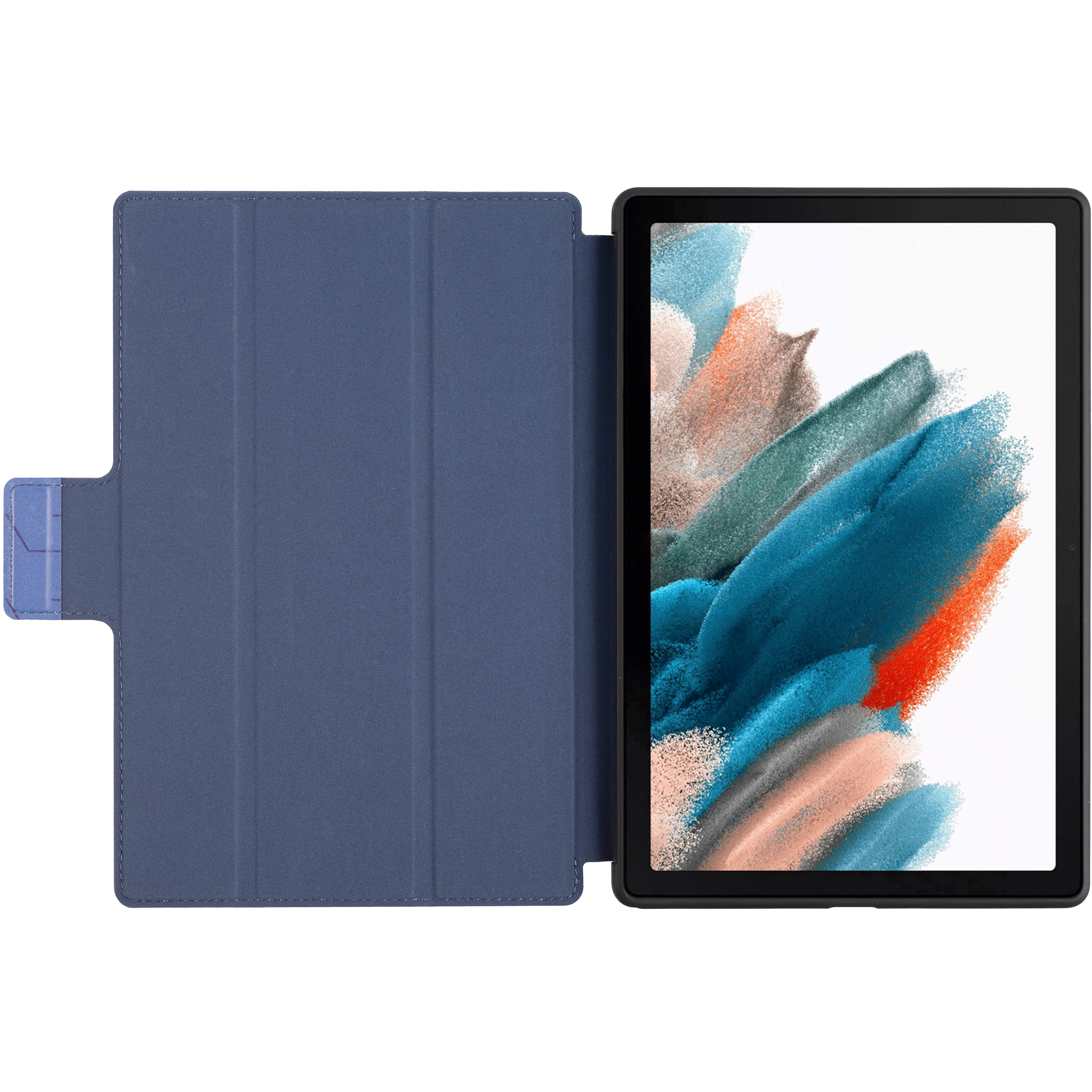 Offenes Tablet mit blauem Gehäuse, das einen farbenfrohen Bildschirm zeigt.