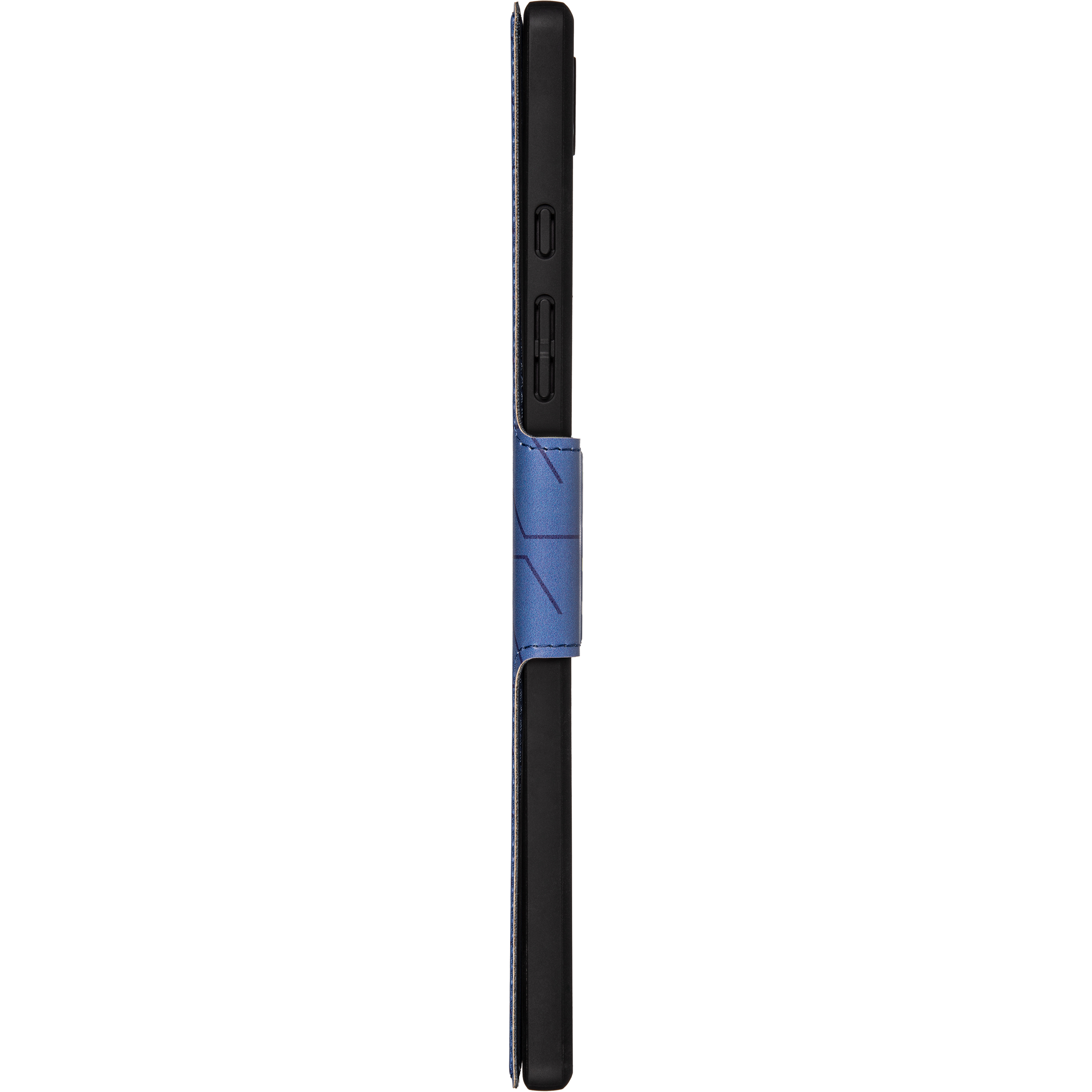 Seitenansicht eines Tablets in einem blauen Gehäuse.