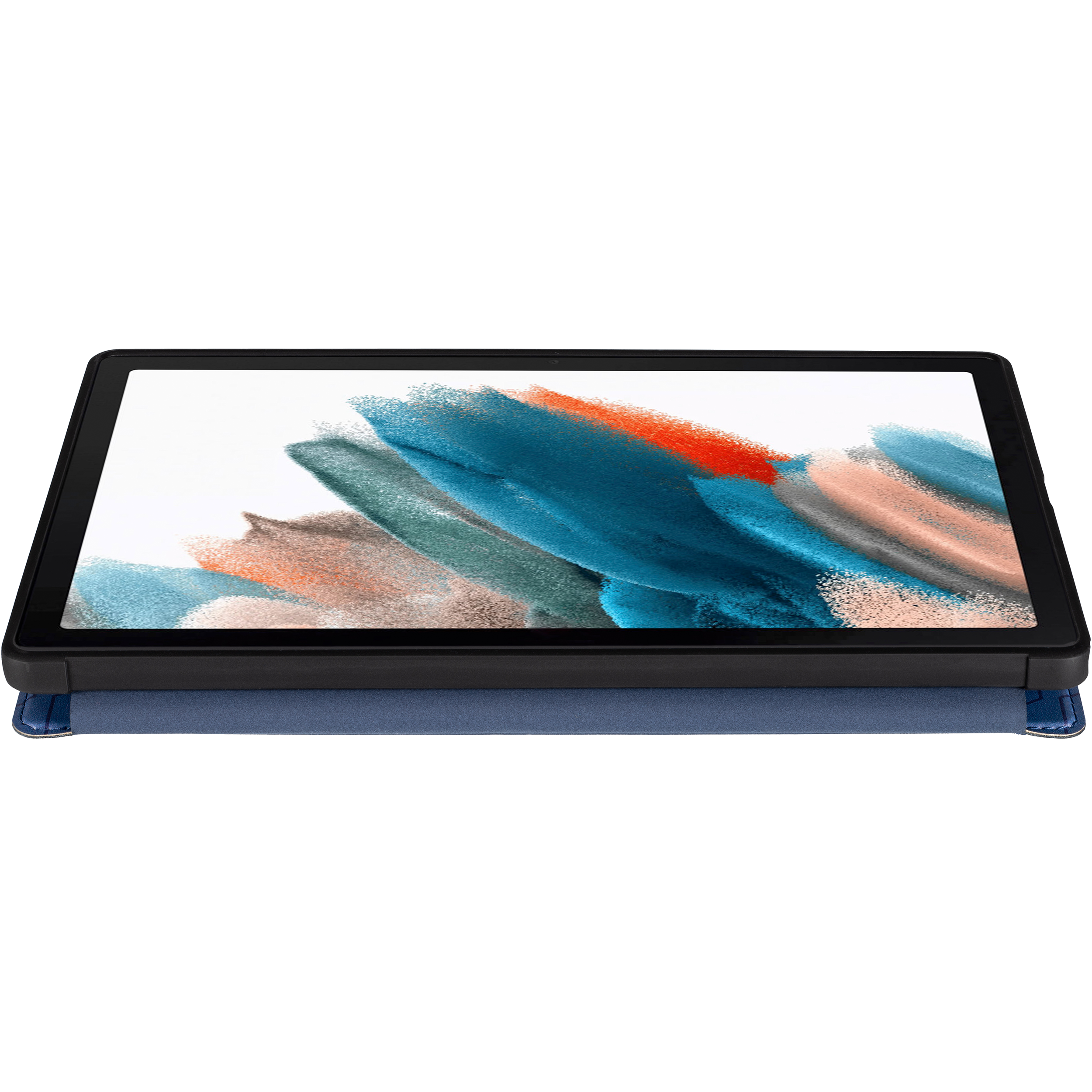 Tablet in einer schwarzen Hülle mit einer farbenfrohen Bildschirmabdeckung, die flach liegt.