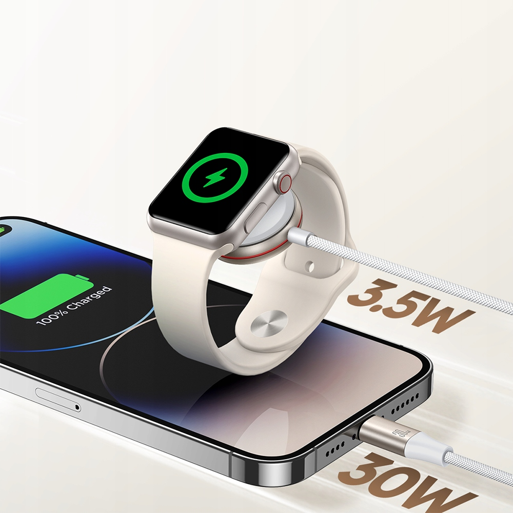 Bild eines Smartphones und einer Smartwatch, die mit einem weißen Kabel aufgeladen werden, mit Details zur Ausgangsleistung.